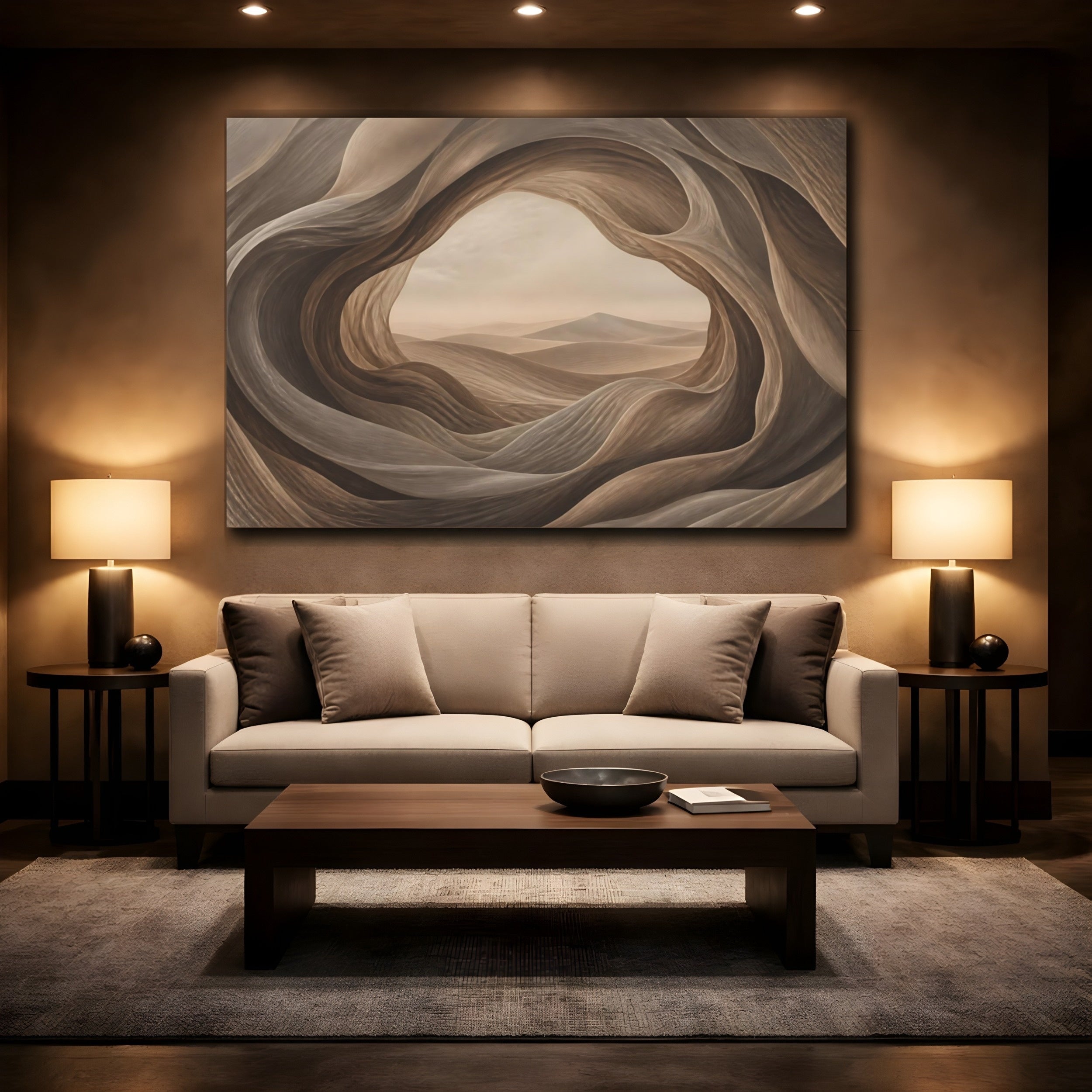 Mockup 2. Nature Desert Landscape Brown And Beige shown as stretched canvas wall art