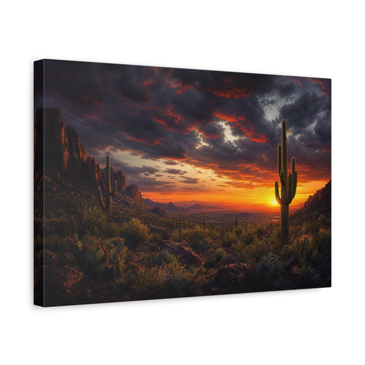 Side Mockup 4. Nature Desert Sunset Orange Desert Sunset shown as stretched canvas wall art