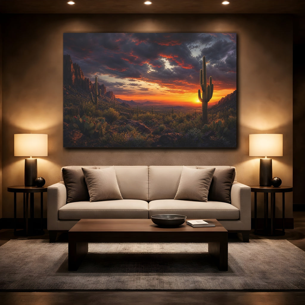 Mockup 2. Nature Desert Sunset Orange Desert Sunset shown as stretched canvas wall art