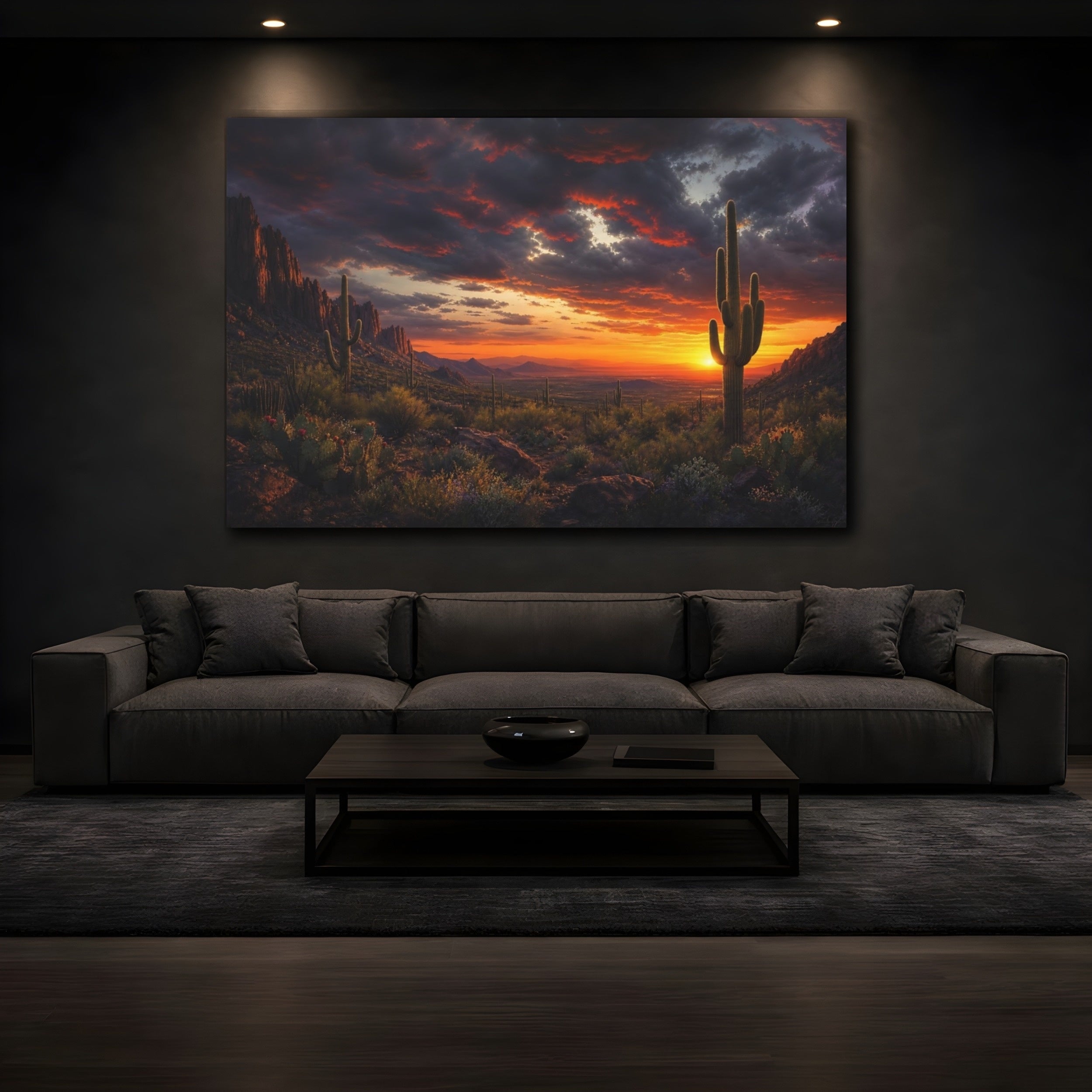 Mockup 3. Nature Desert Sunset Orange Desert Sunset shown as stretched canvas wall art