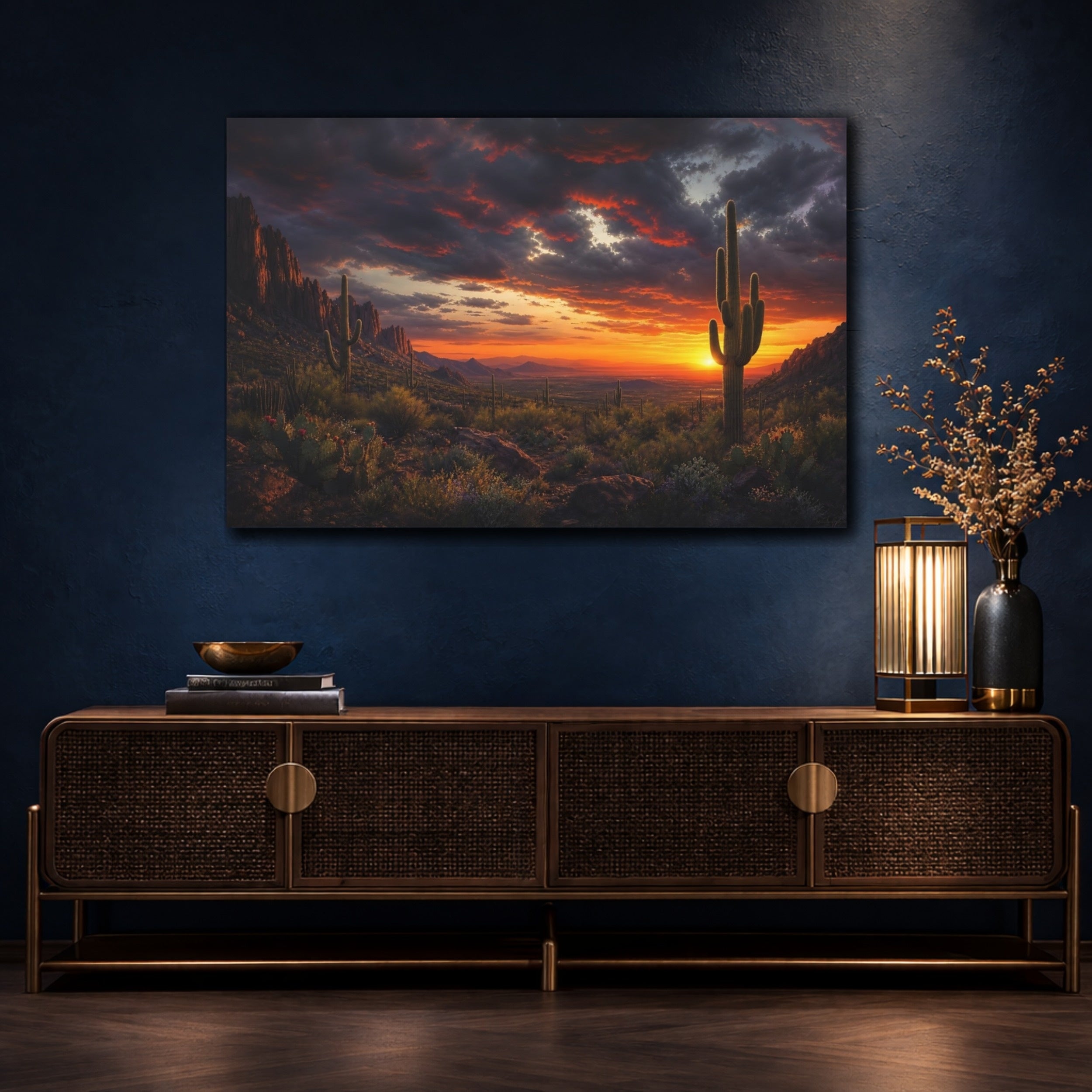 Mockup 4. Nature Desert Sunset Orange Desert Sunset shown as stretched canvas wall art