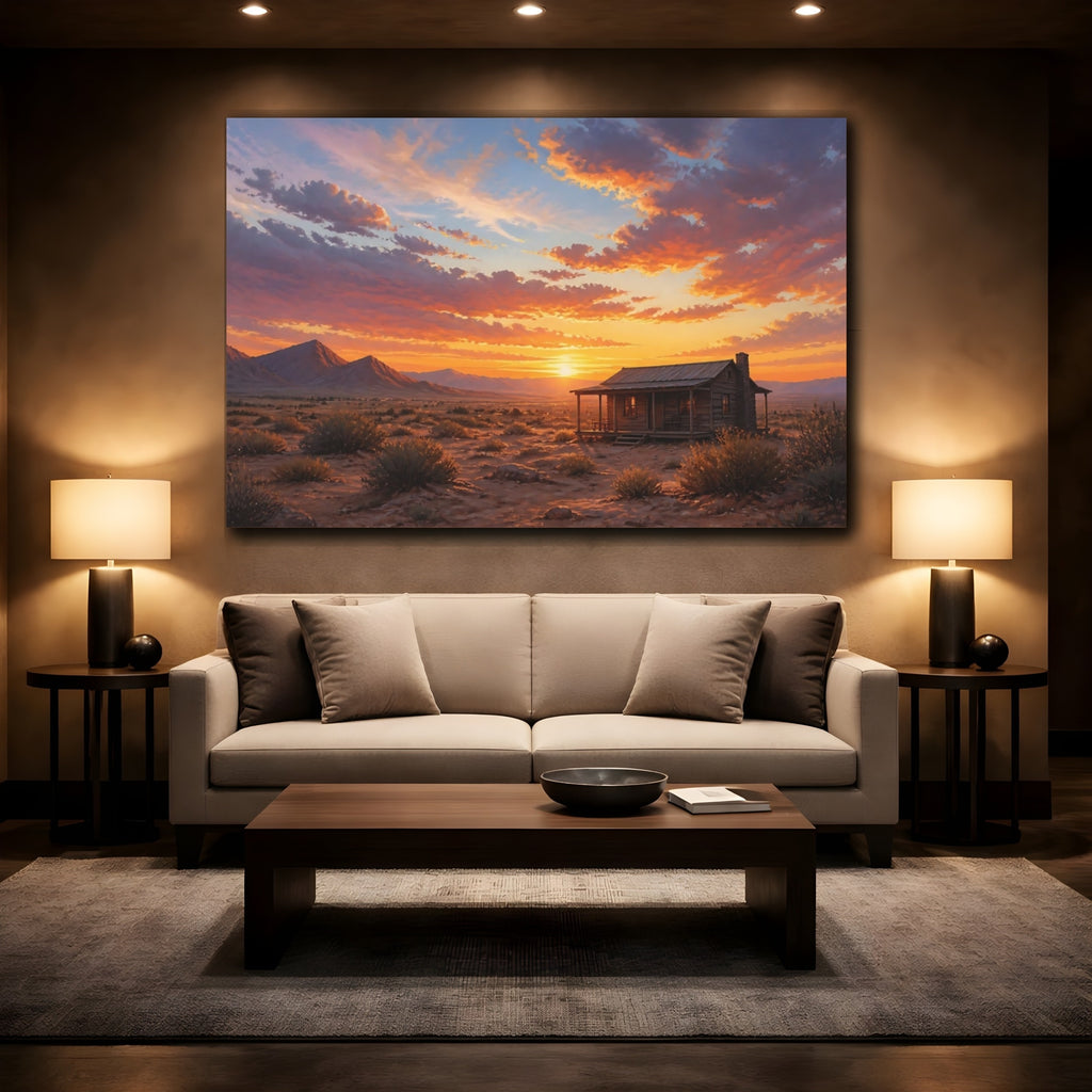 Mockup 2. Nature Desert Sunset Orange Sunset Cabin shown as stretched canvas wall art