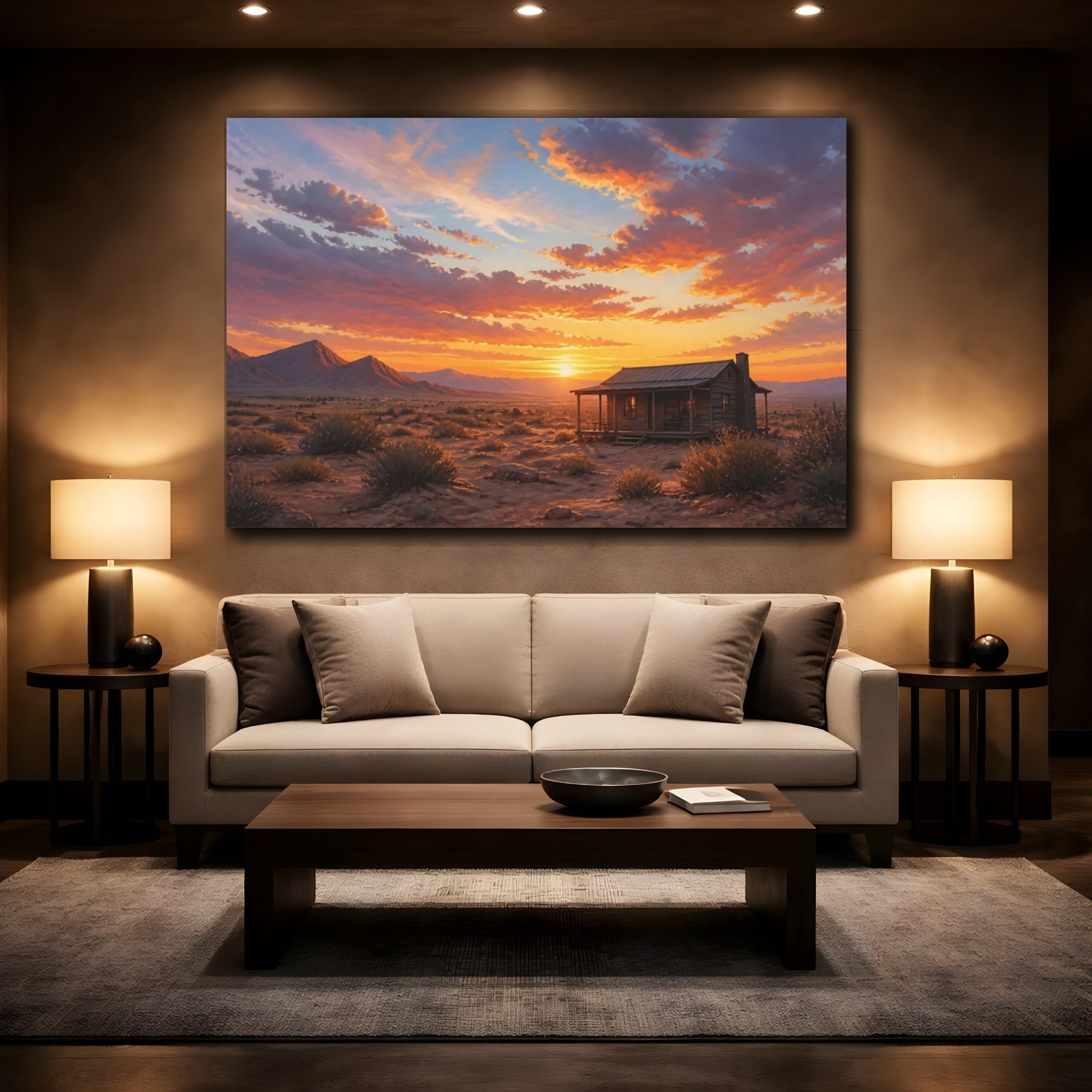 Mockup 2. Nature Desert Sunset Orange Sunset Cabin shown as stretched canvas wall art