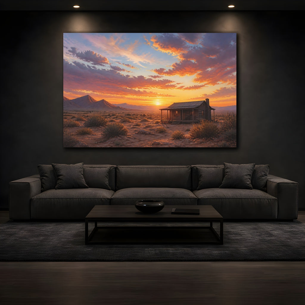 Mockup 3. Nature Desert Sunset Orange Sunset Cabin shown as stretched canvas wall art