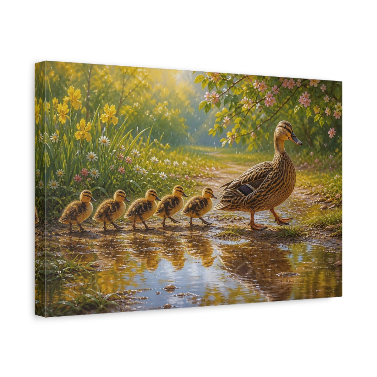 Side Mockup 4. Nature Duck Family Yellow And Green shown as canvas print