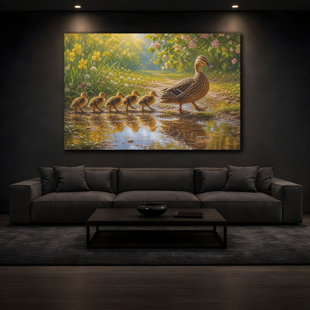 Mockup 3. Nature Duck Family Yellow And Green shown as canvas print