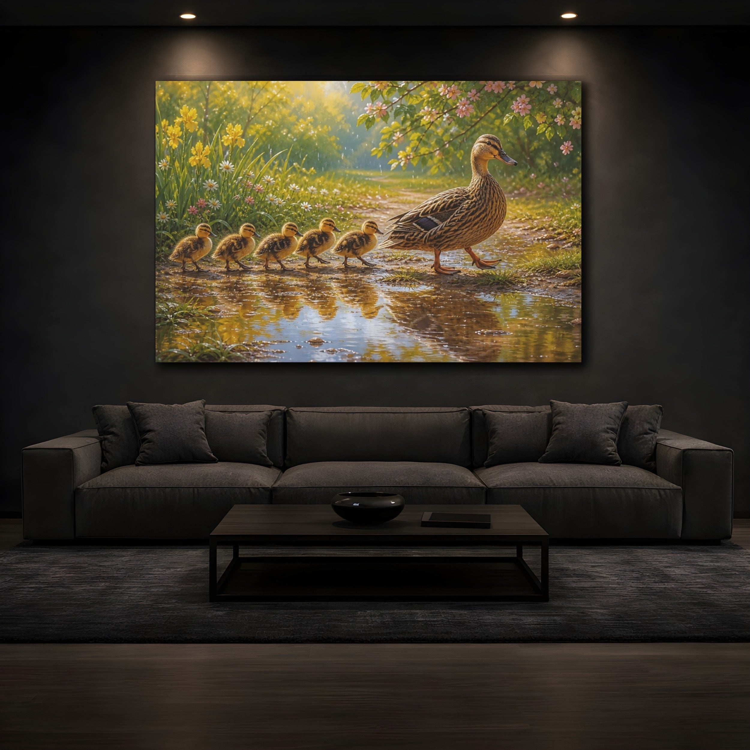 Mockup 3. Nature Duck Family Yellow And Green shown as canvas print