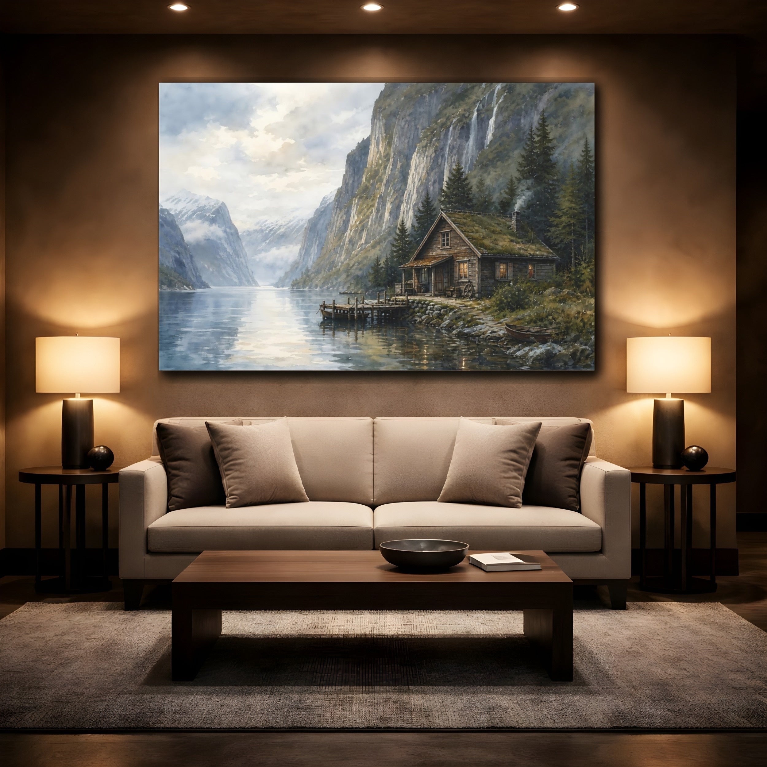 Mockup 2. Nature Fjord Cabin Fjord Landscape shown as canvas print