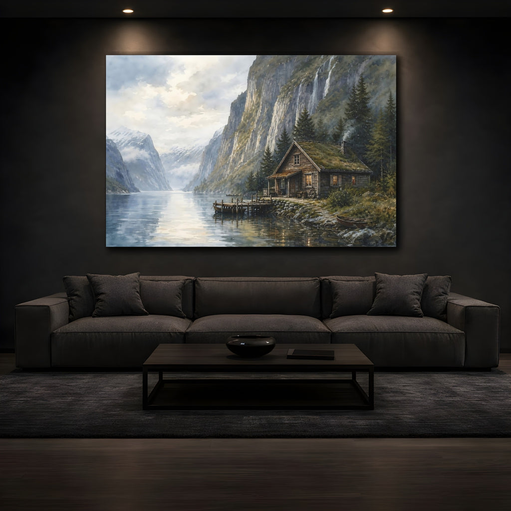 Mockup 3. Nature Fjord Cabin Fjord Landscape shown as canvas print