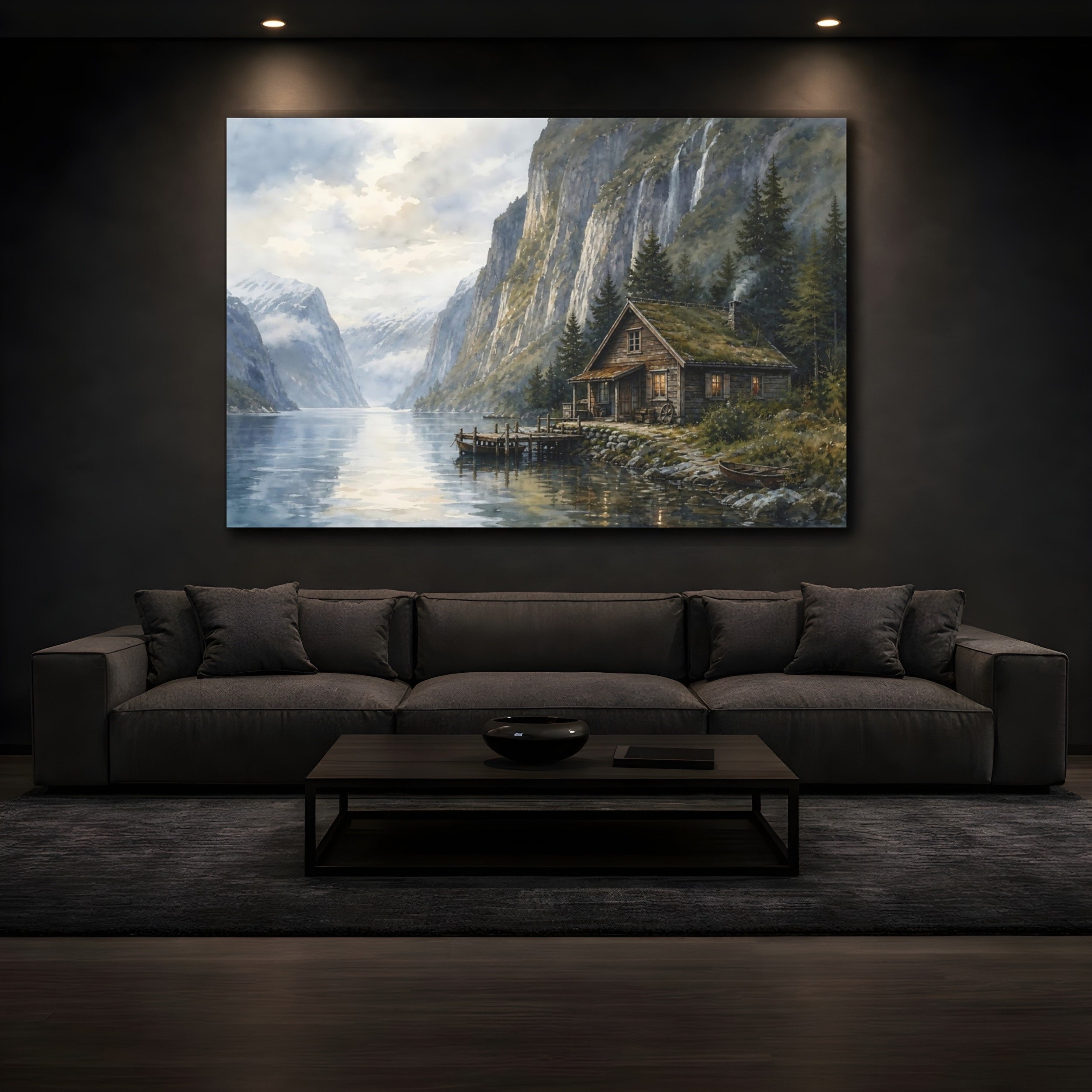 Mockup 3. Nature Fjord Cabin Fjord Landscape shown as canvas print