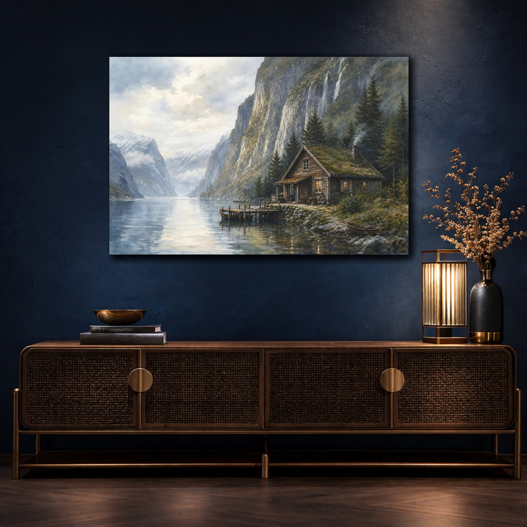 Mockup 4. Nature Fjord Cabin Fjord Landscape shown as canvas print