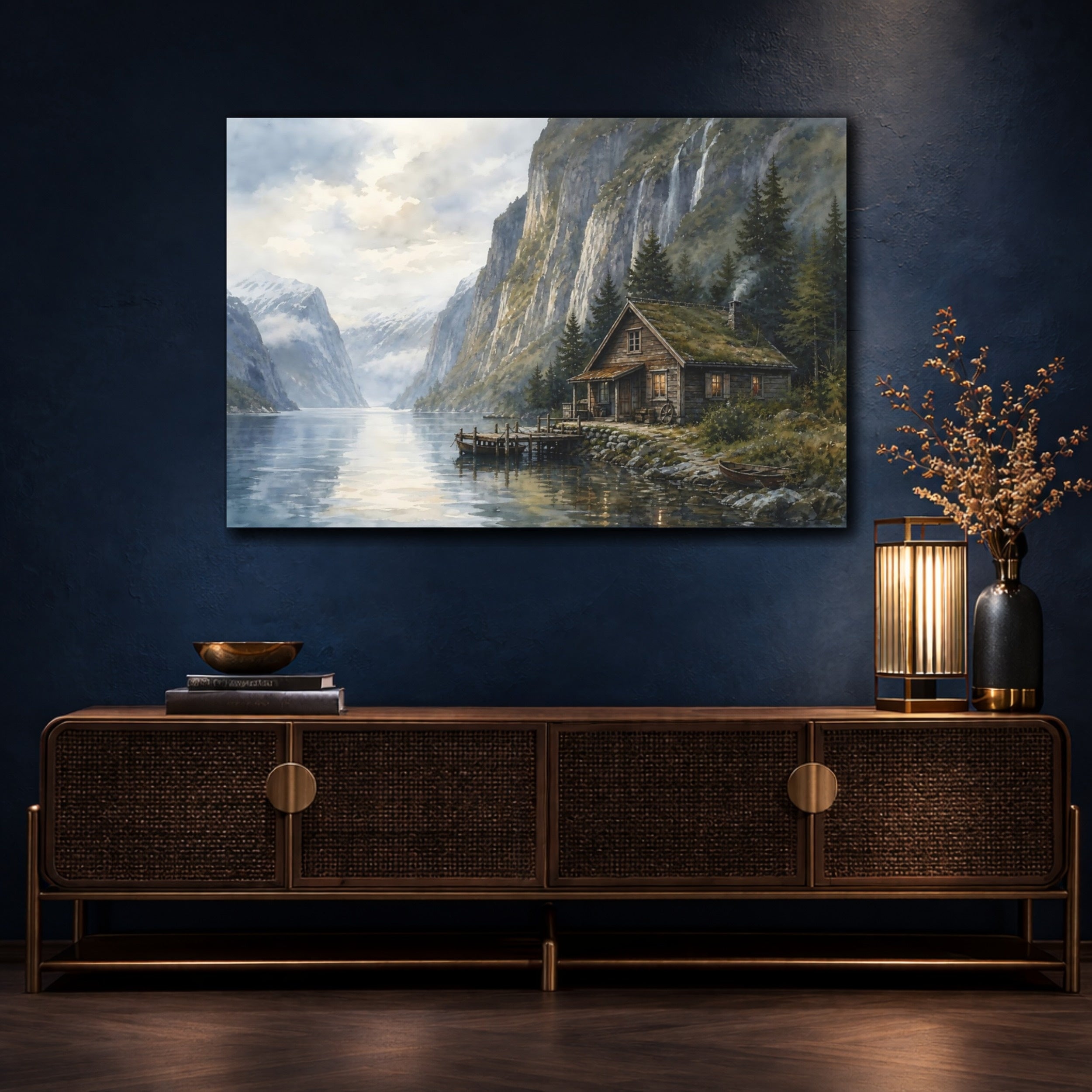 Mockup 4. Nature Fjord Cabin Fjord Landscape shown as canvas print
