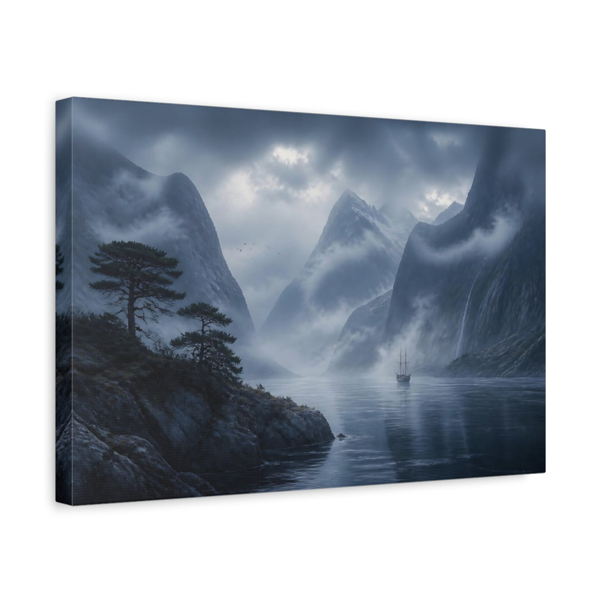 Side Mockup 4. Nature Fjord Ship Misty Fjord shown as stretched canvas wall art