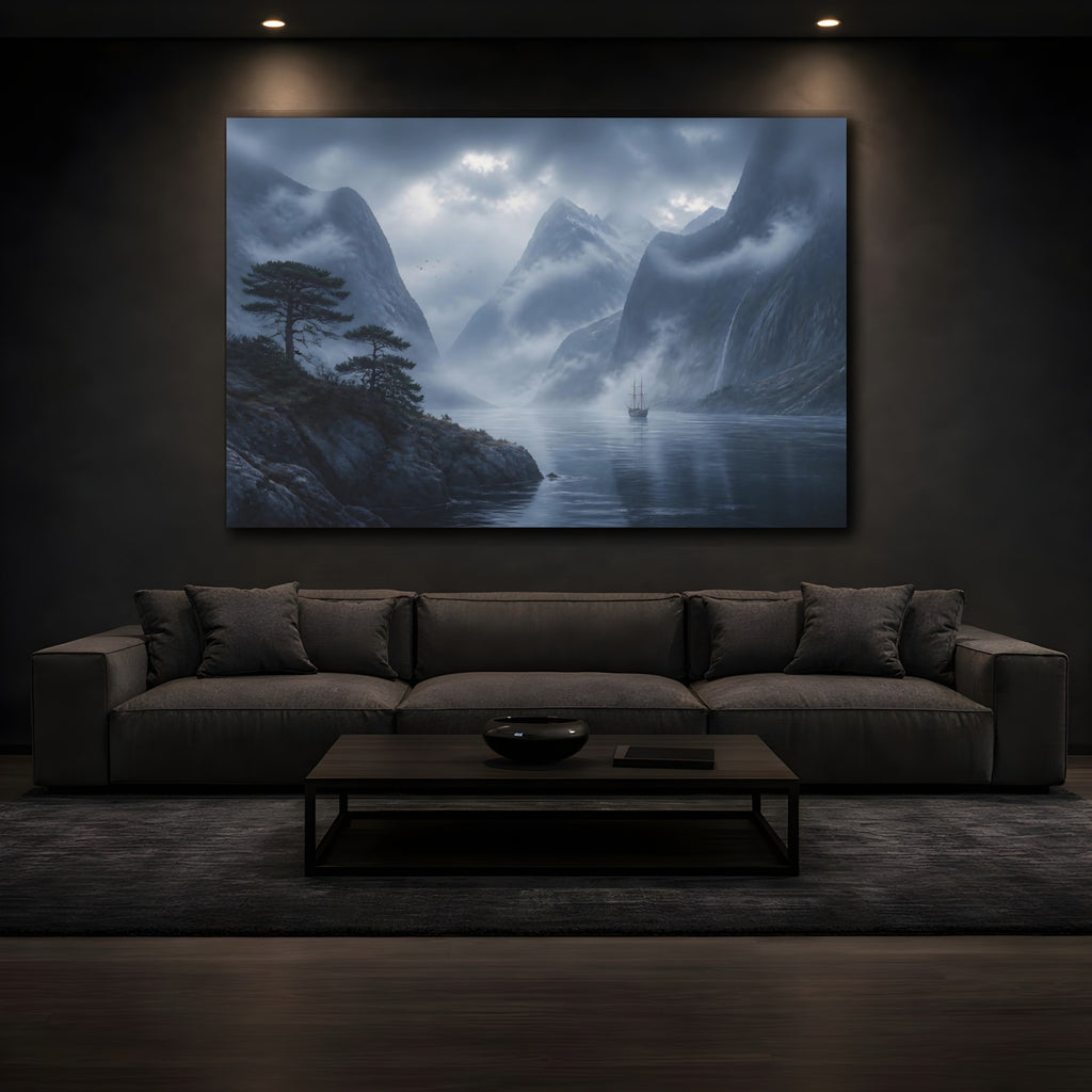 Mockup 3. Nature Fjord Ship Misty Fjord shown as stretched canvas wall art
