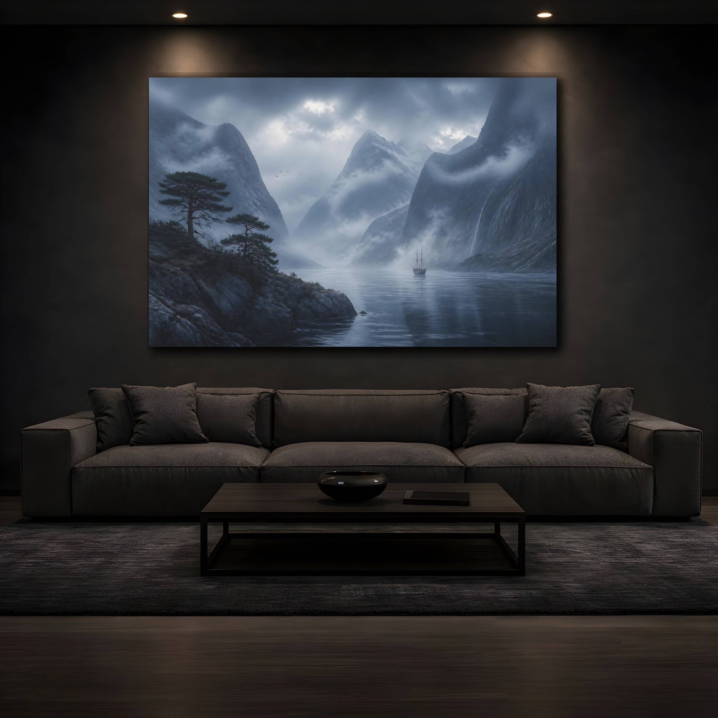 Mockup 3. Nature Fjord Ship Misty Fjord shown as stretched canvas wall art