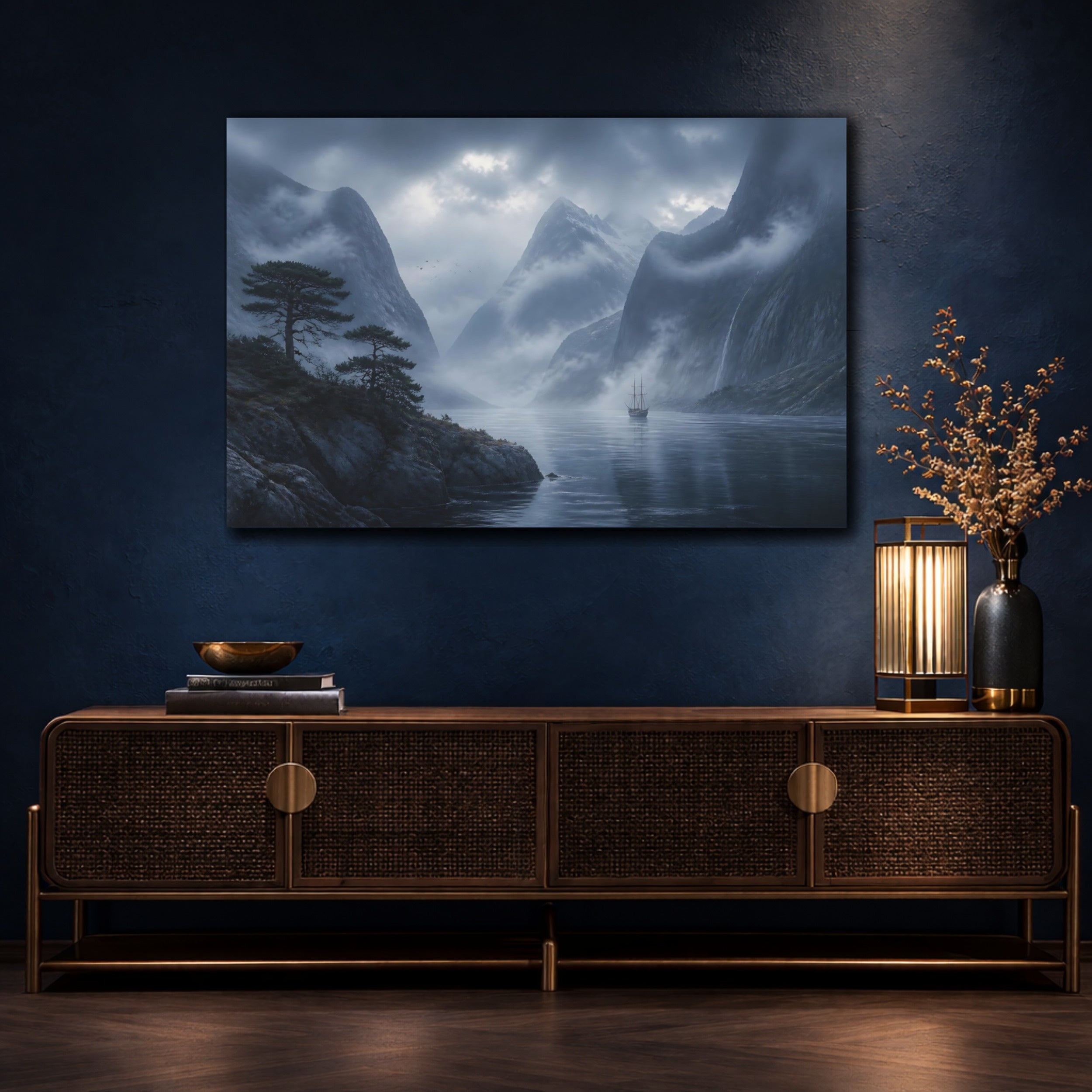 Mockup 4. Nature Fjord Ship Misty Fjord shown as stretched canvas wall art