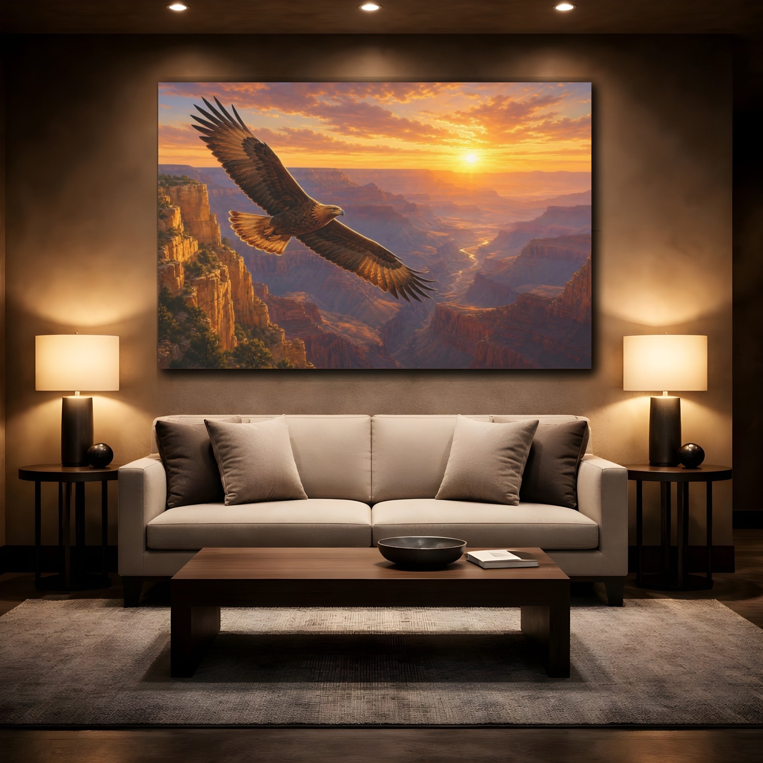 Mockup 2. Nature Flying Eagle Brown And Orange shown as stretched canvas wall art