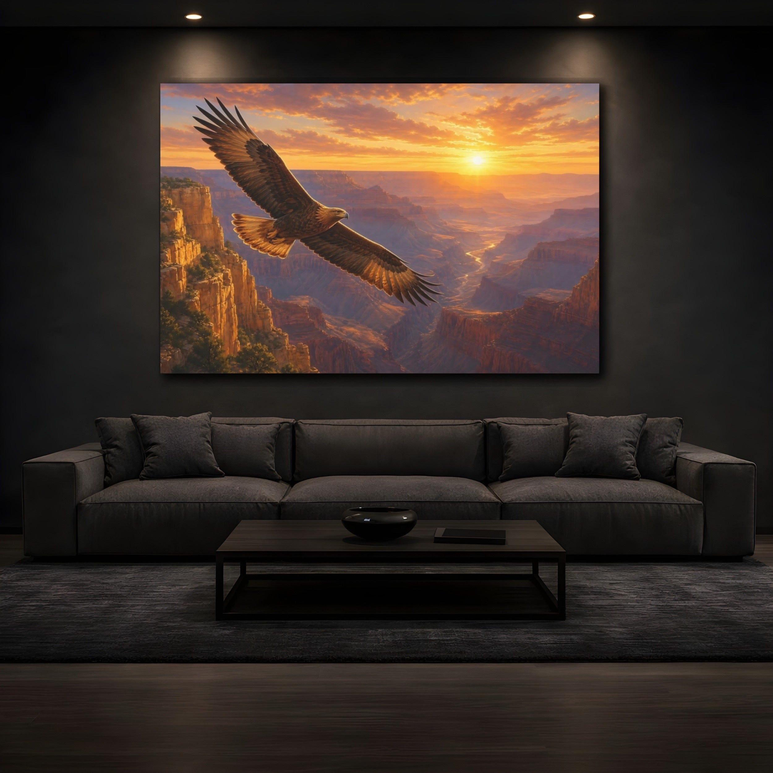 Mockup 3. Nature Flying Eagle Brown And Orange shown as stretched canvas wall art