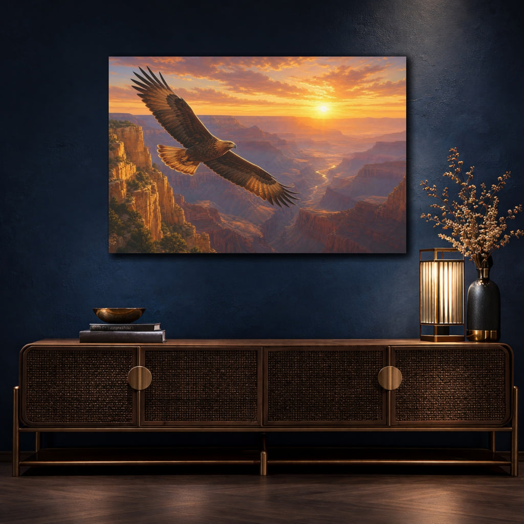 Mockup 4. Nature Flying Eagle Brown And Orange shown as stretched canvas wall art