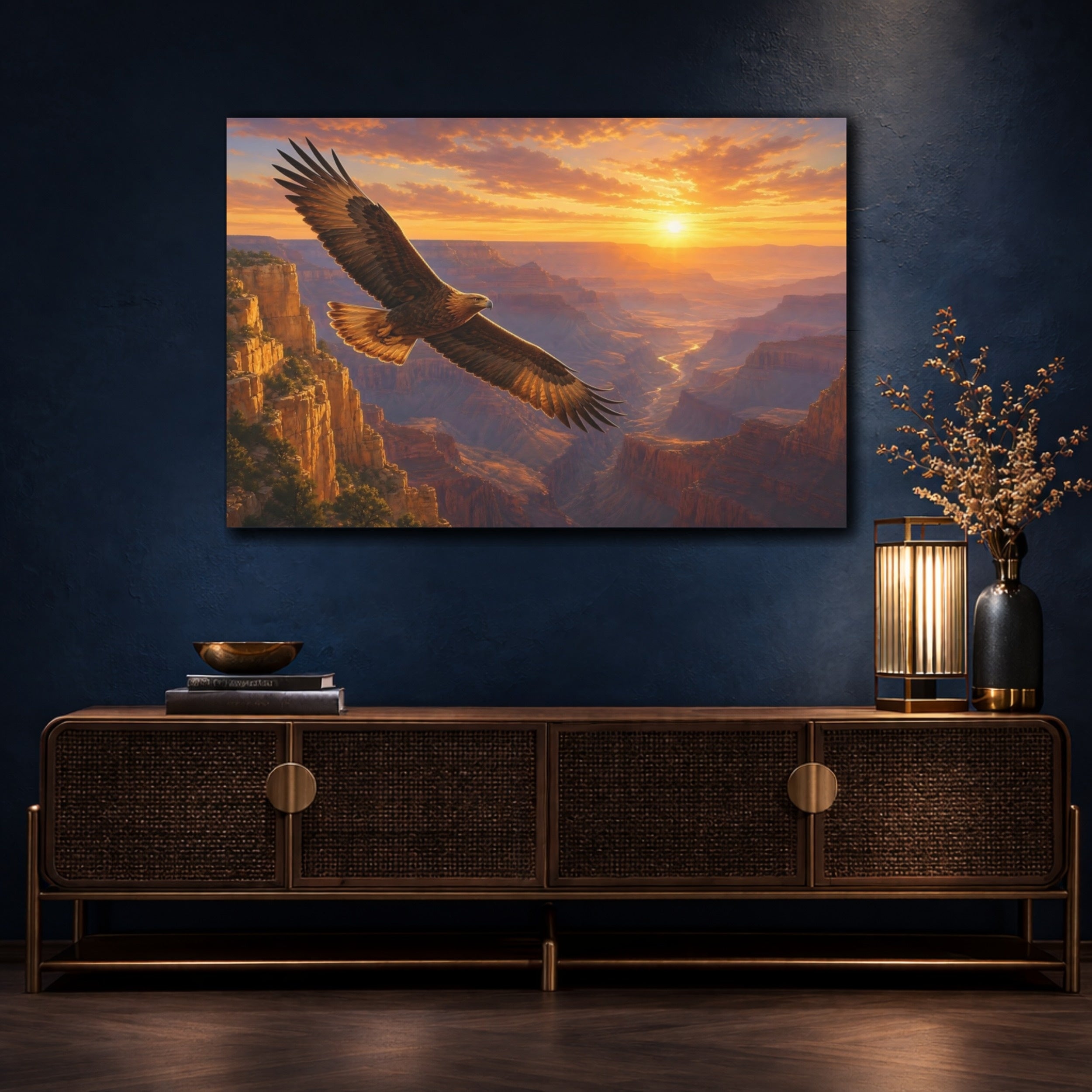 Mockup 4. Nature Flying Eagle Brown And Orange shown as stretched canvas wall art