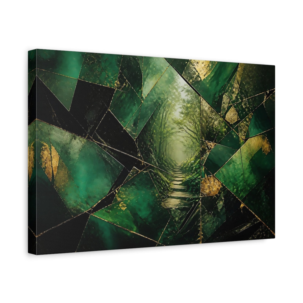 Side Mockup 4. Nature Forest Path Green And Gold shown as stretched canvas wall art