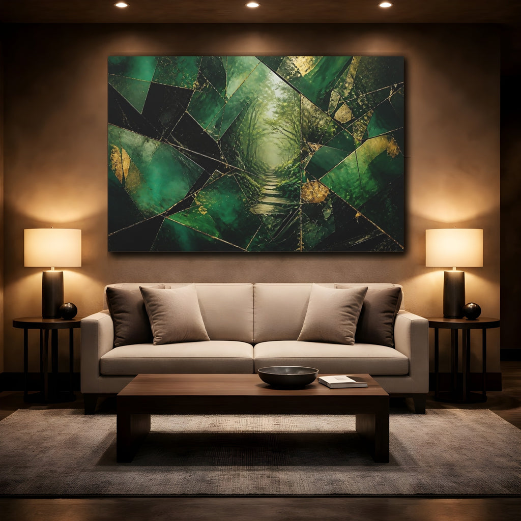 Mockup 2. Nature Forest Path Green And Gold shown as stretched canvas wall art