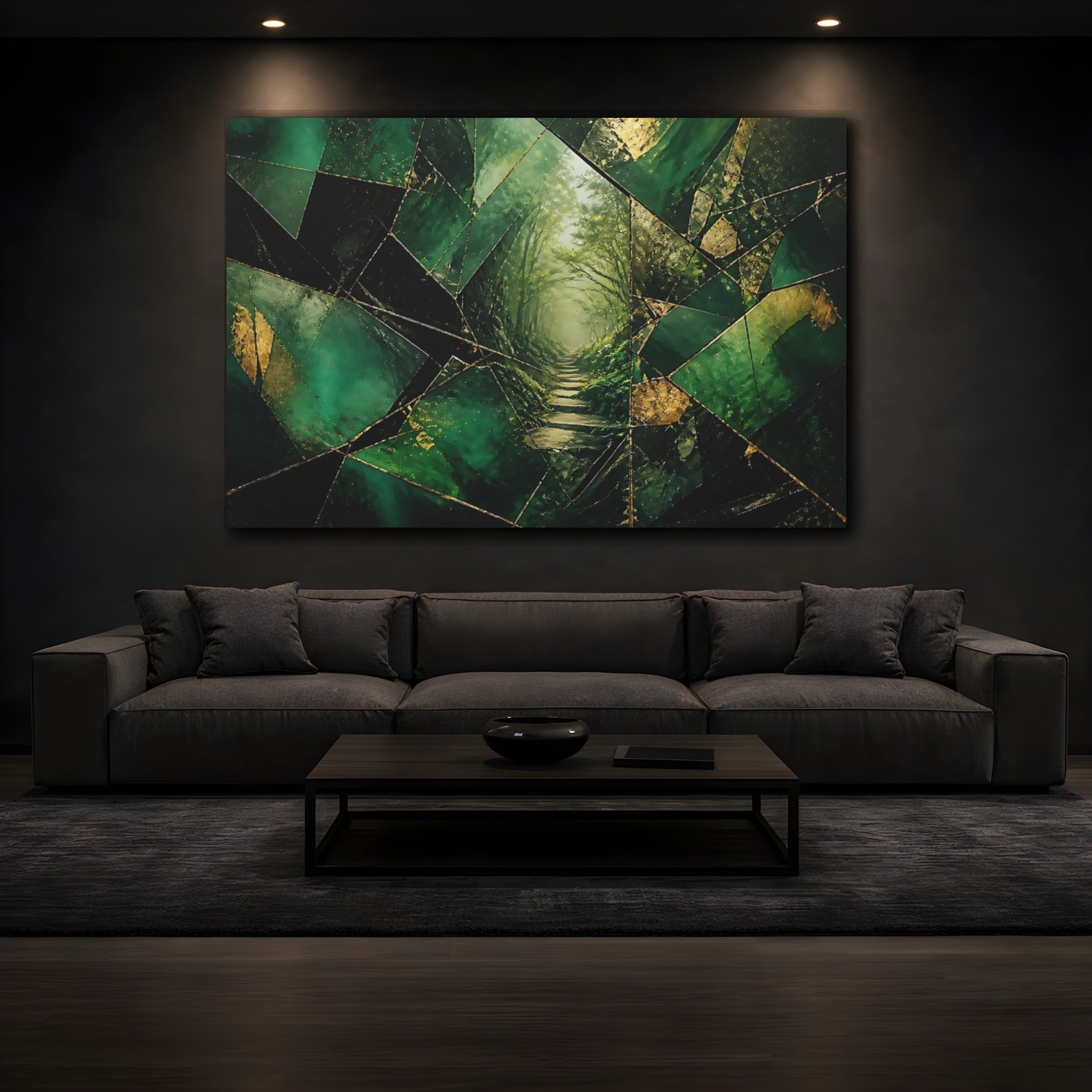 Mockup 3. Nature Forest Path Green And Gold shown as stretched canvas wall art