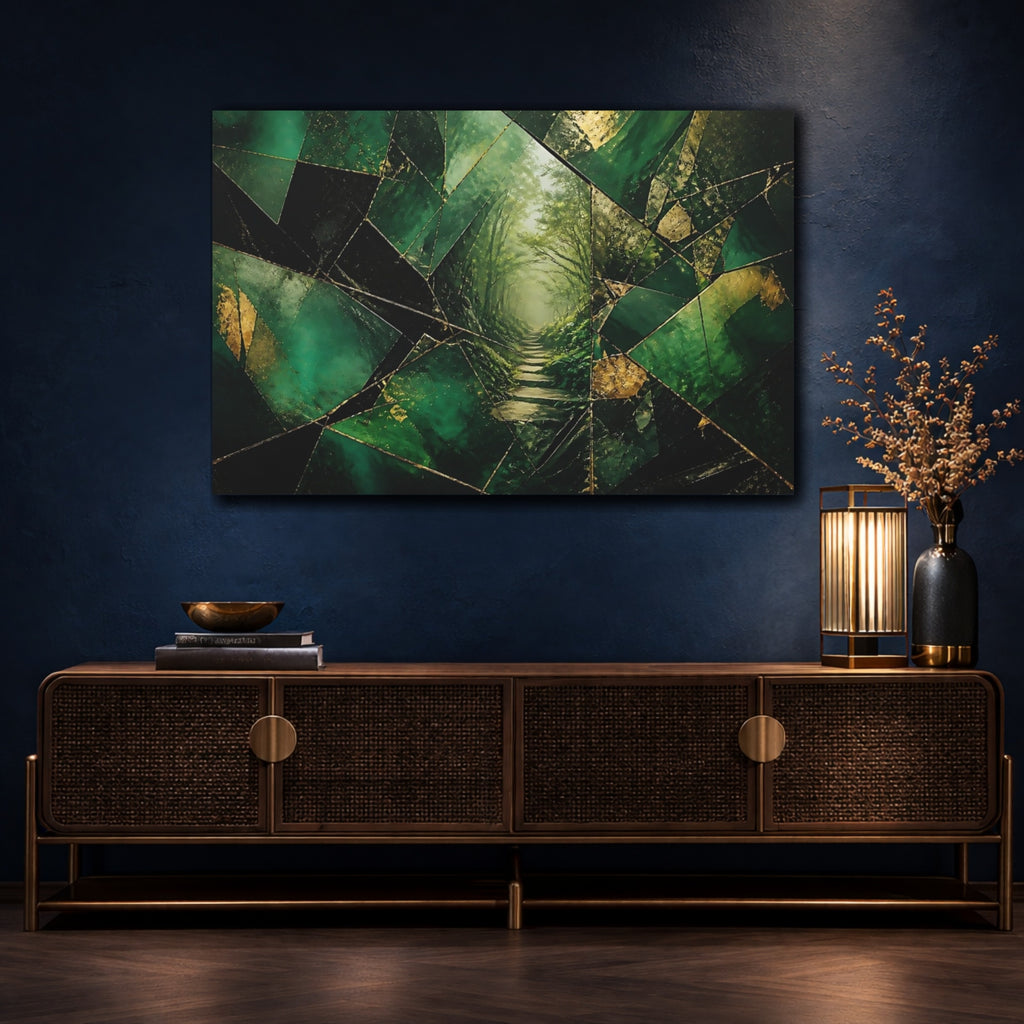 Mockup 4. Nature Forest Path Green And Gold shown as stretched canvas wall art