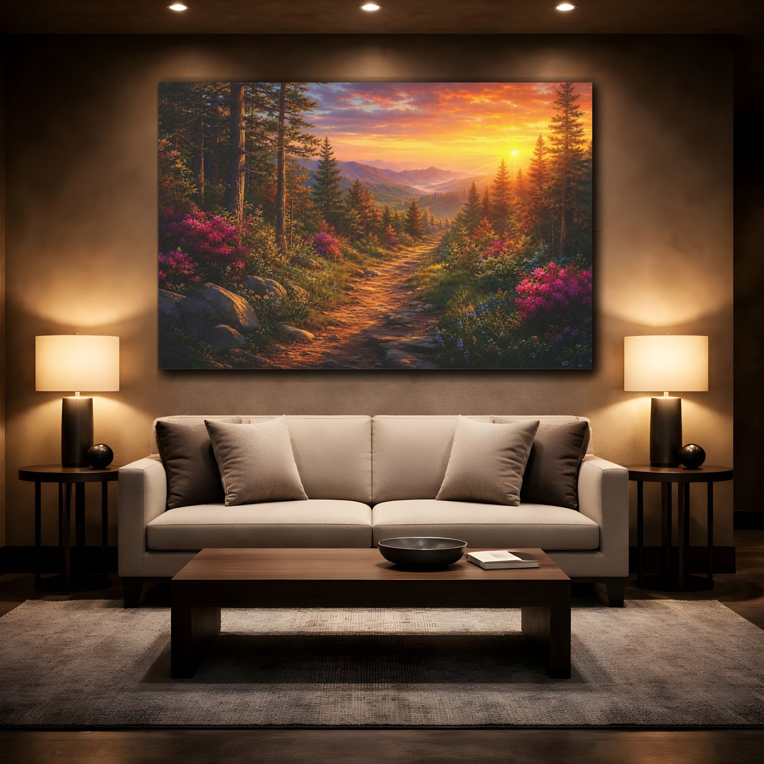 Mockup 2. Nature Forest Path Orange Forest Path shown as stretched canvas wall art