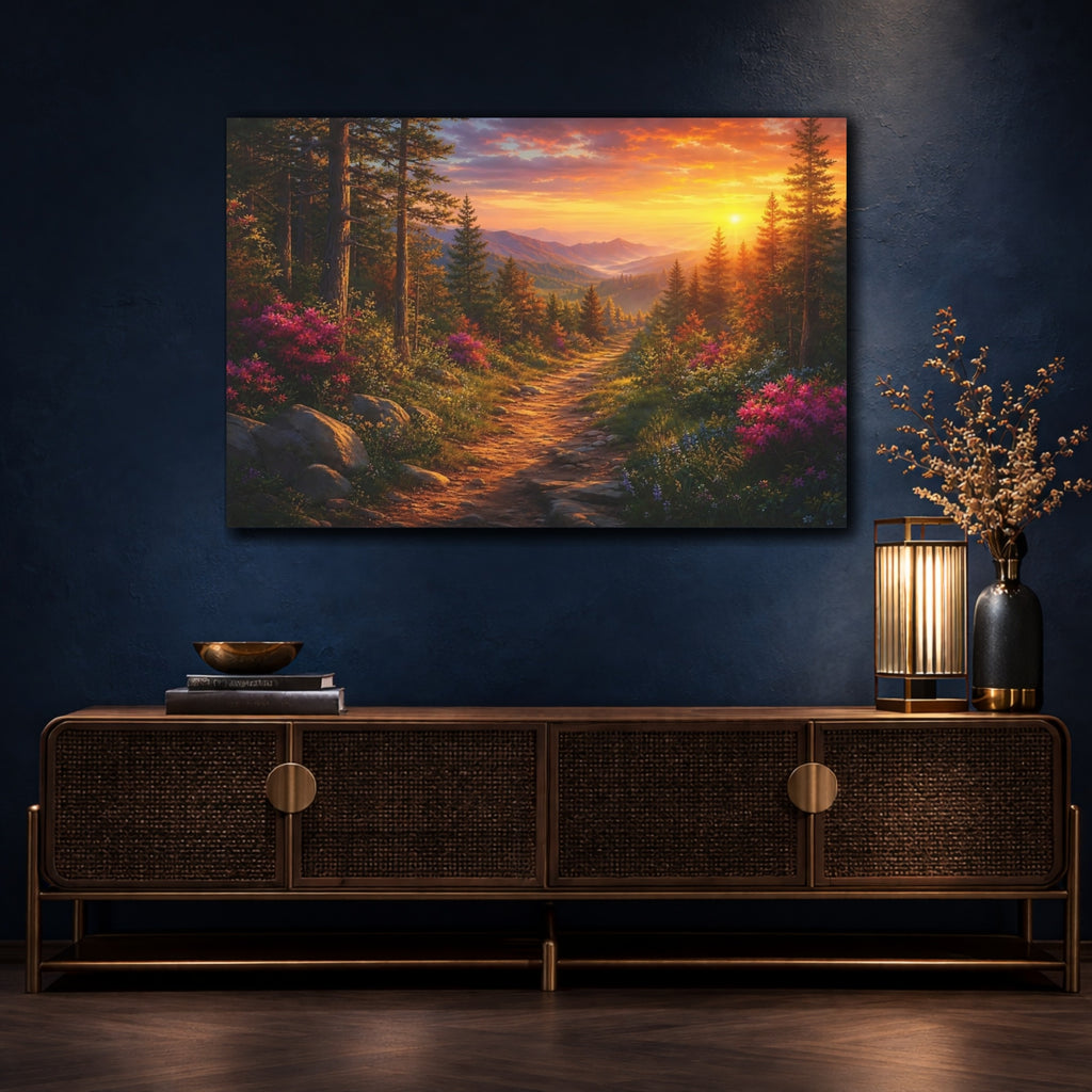 Mockup 4. Nature Forest Path Orange Forest Path shown as stretched canvas wall art
