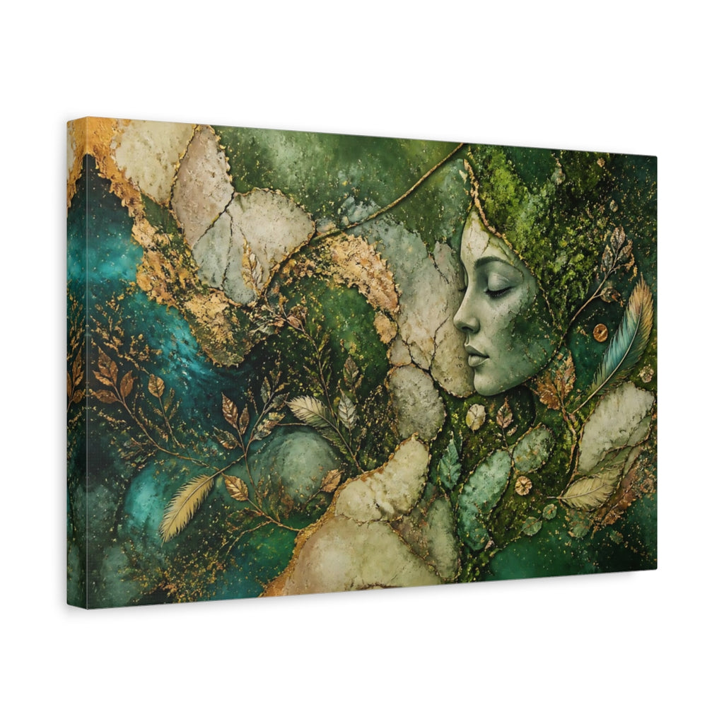 Side Mockup 4. Nature Nature Goddess Green And Gold Goddess shown as stretched canvas wall art