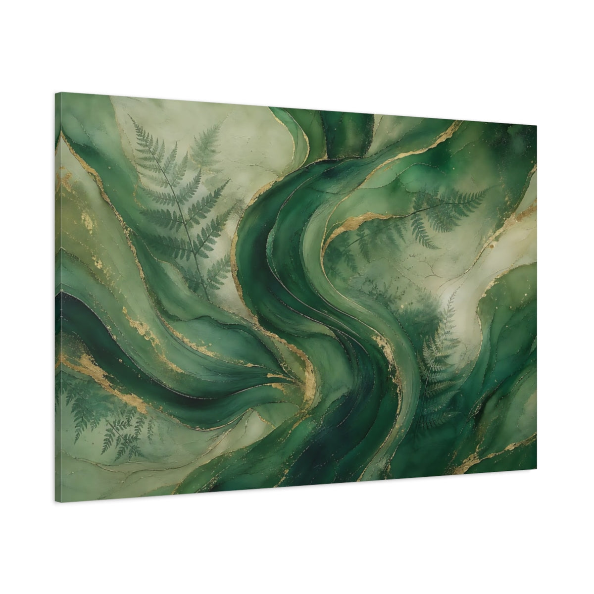 Side Mockup 1. Nature Green Swirls Green And Gold shown as stretched canvas wall art