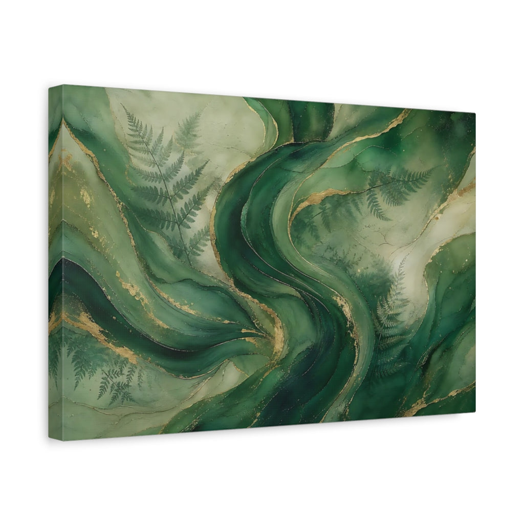 Side Mockup 4. Nature Green Swirls Green And Gold shown as stretched canvas wall art
