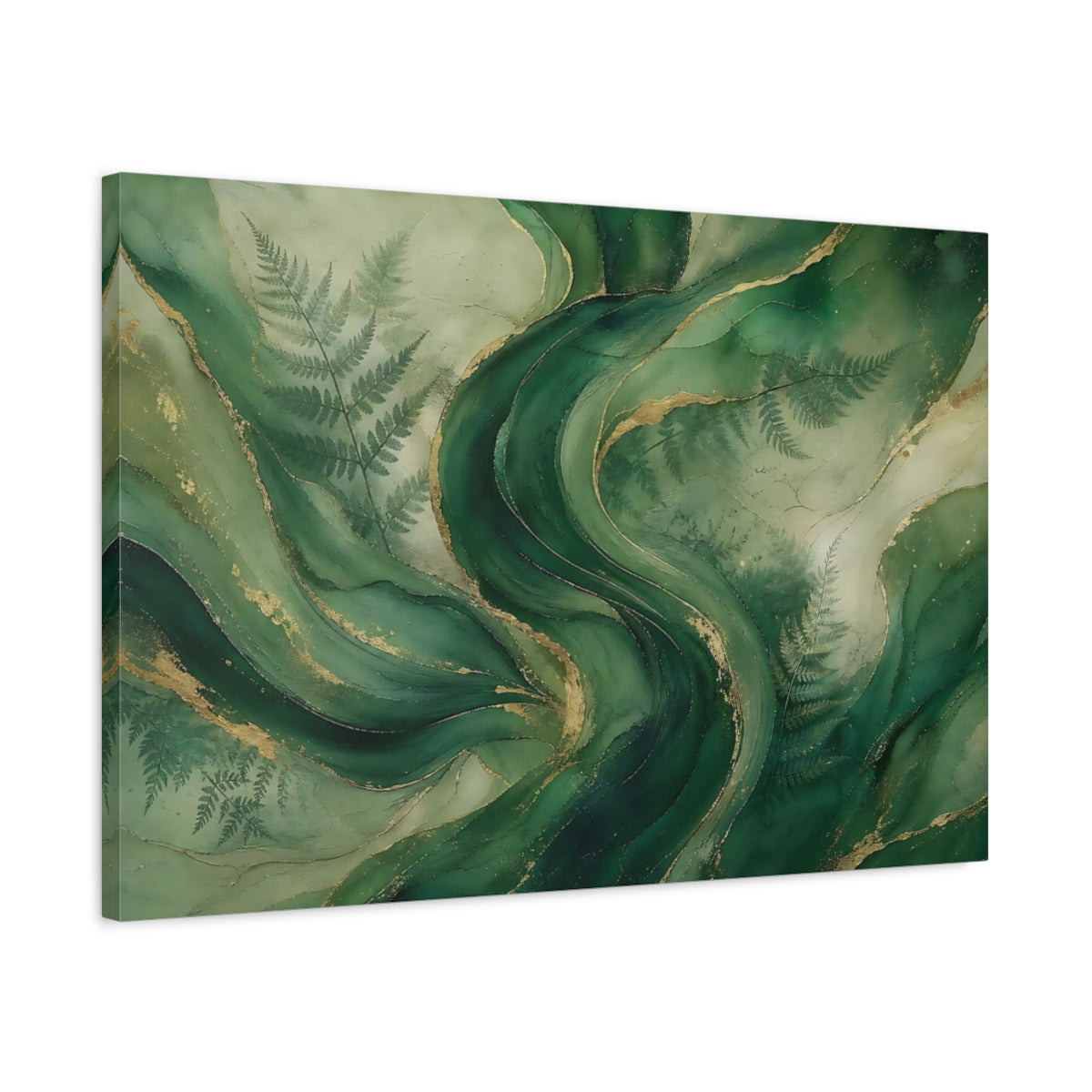 Side Mockup 2. Nature Green Swirls Green And Gold shown as stretched canvas wall art
