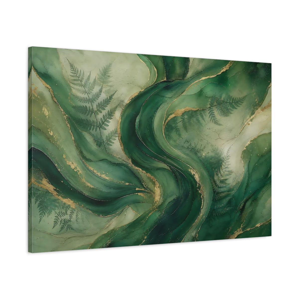 Main Mockup. Nature Green Swirls Green And Gold shown as stretched canvas wall art