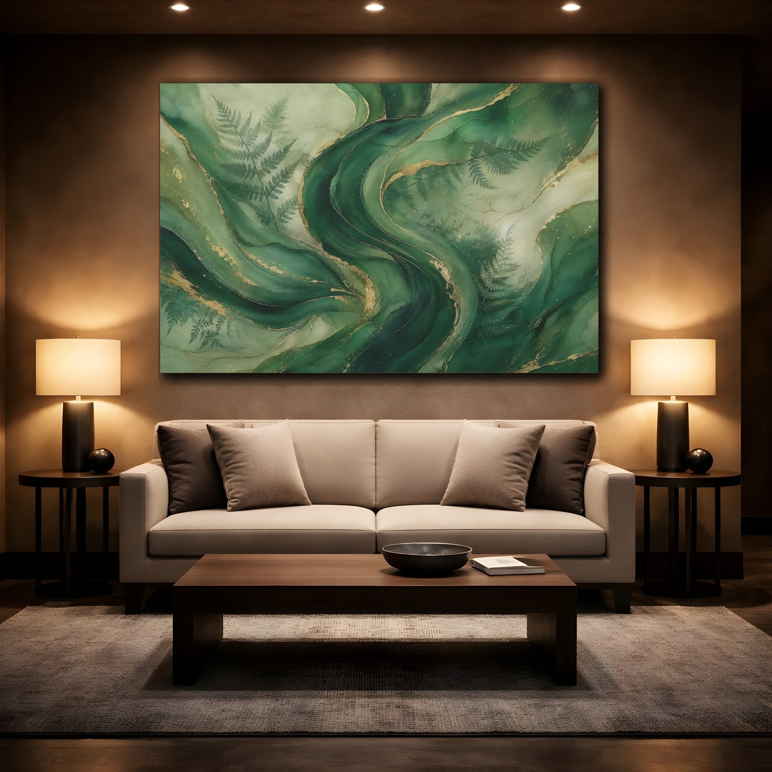 Mockup 2. Nature Green Swirls Green And Gold shown as stretched canvas wall art