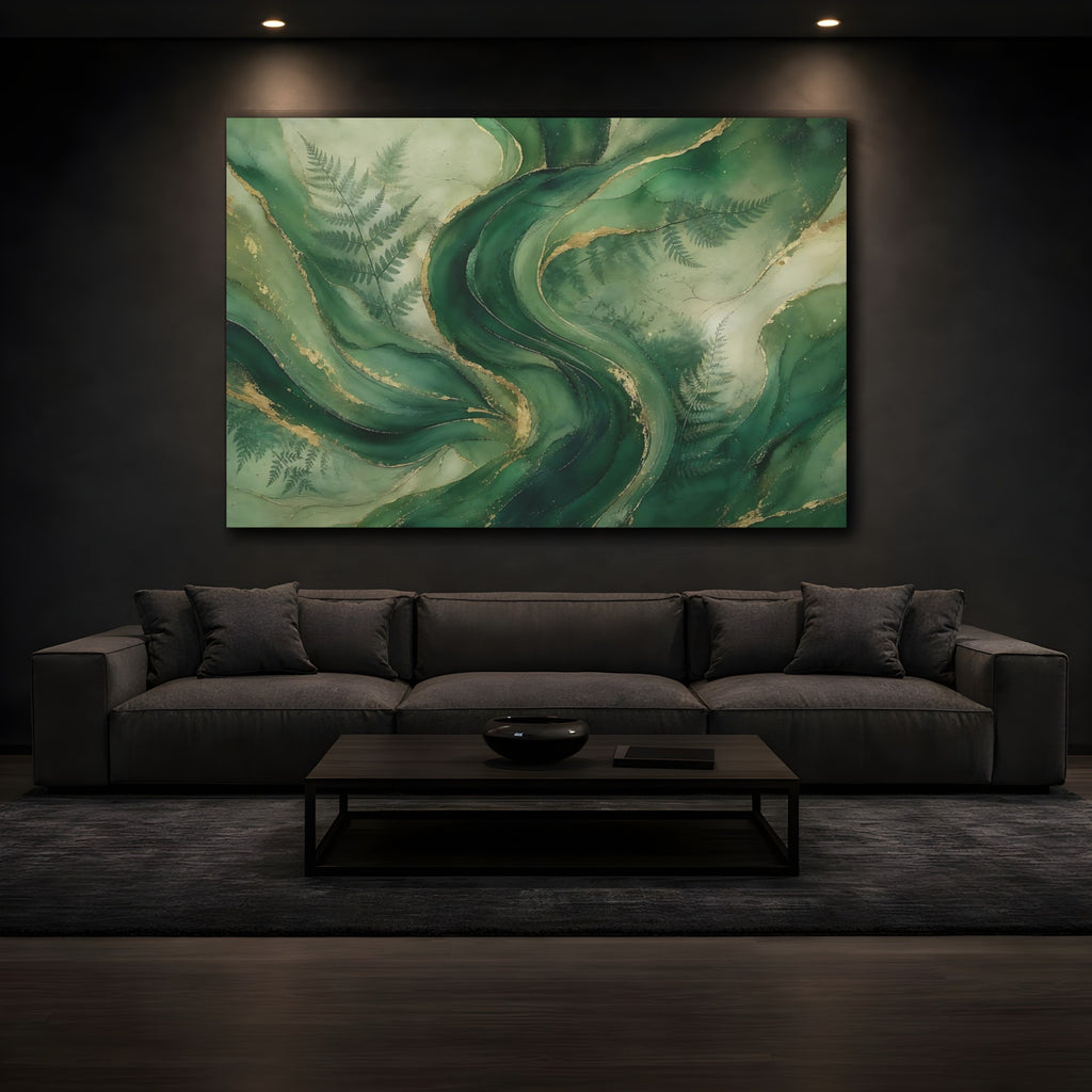 Mockup 3. Nature Green Swirls Green And Gold shown as stretched canvas wall art