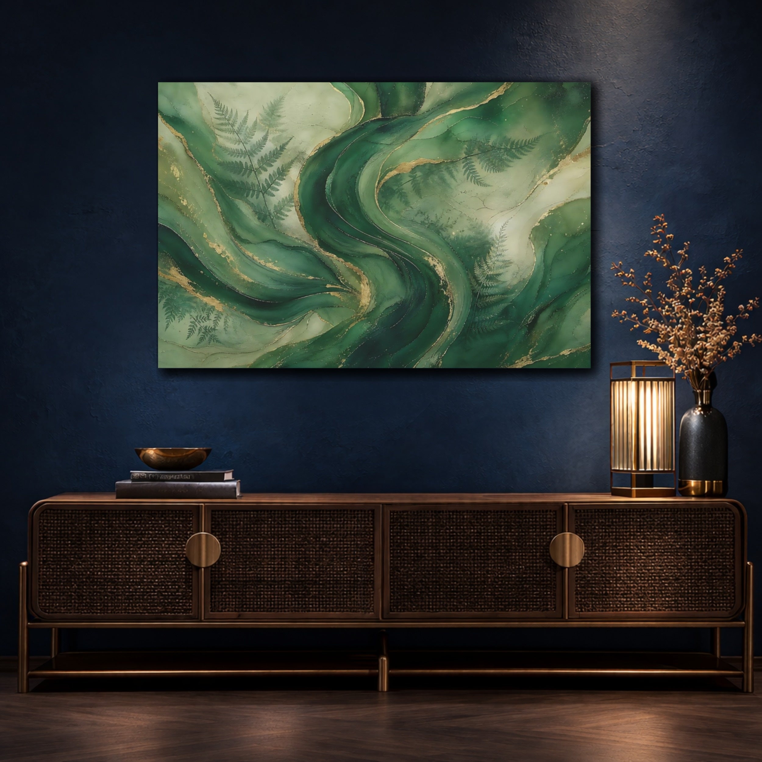 Mockup 4. Nature Green Swirls Green And Gold shown as stretched canvas wall art