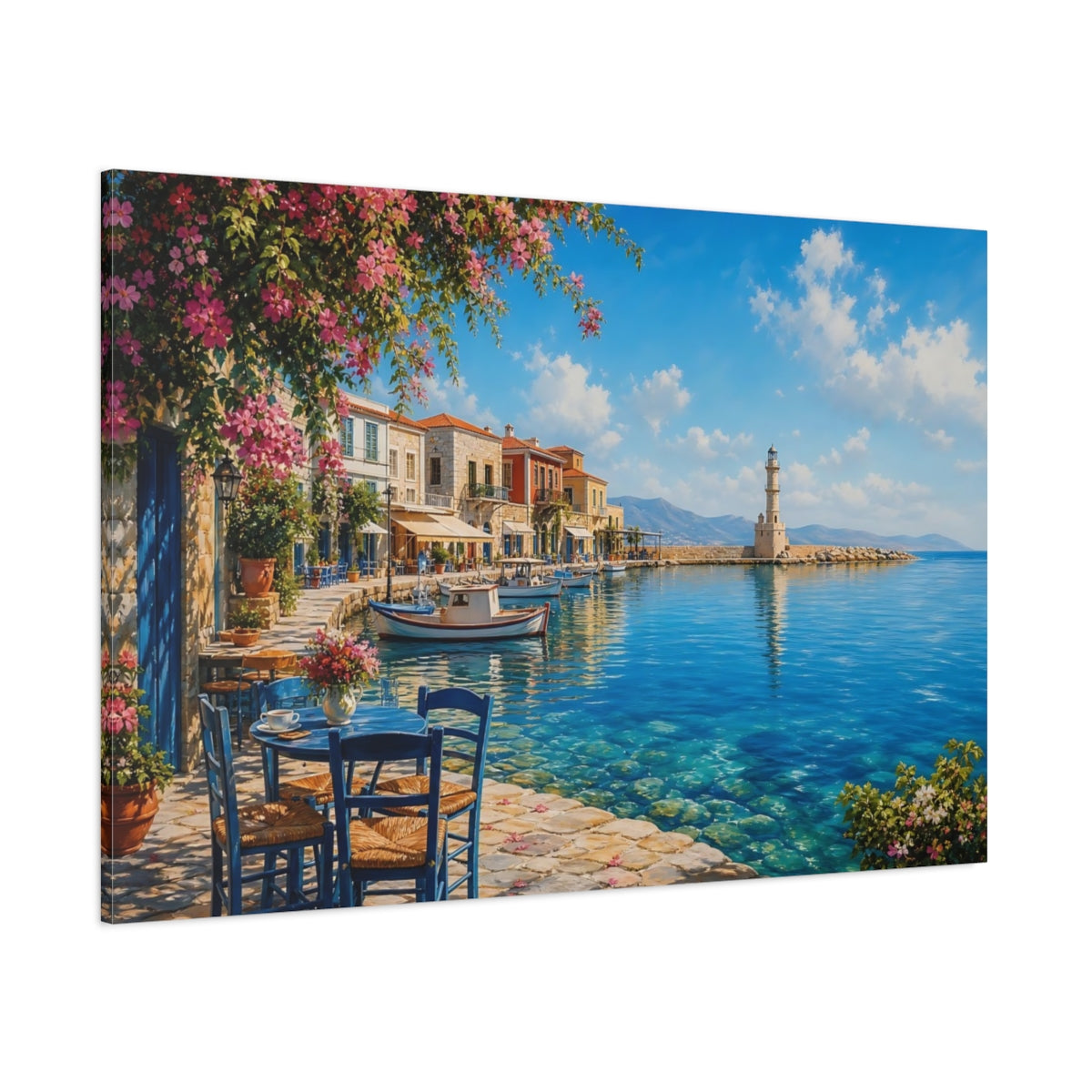 Side Mockup 1. Nature Harbor Town Mediterranean Village shown as stretched canvas wall art