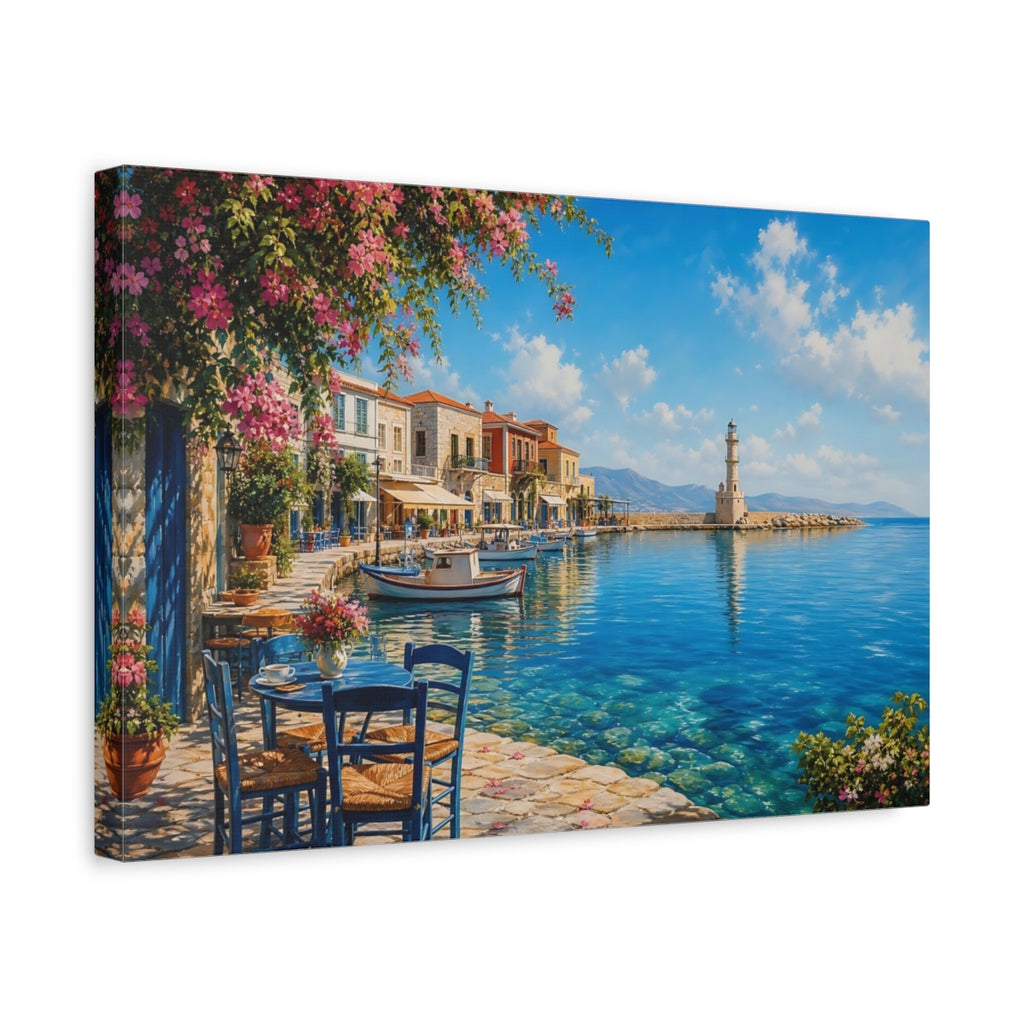 Side Mockup 4. Nature Harbor Town Mediterranean Village shown as stretched canvas wall art