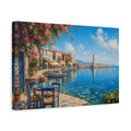 Side Mockup 4. Nature Harbor Town Mediterranean Village shown as stretched canvas wall art