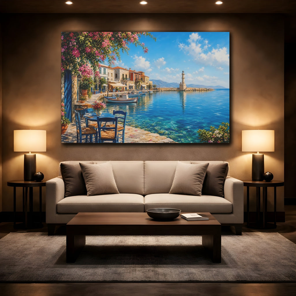 Mockup 2. Nature Harbor Town Mediterranean Village shown as stretched canvas wall art