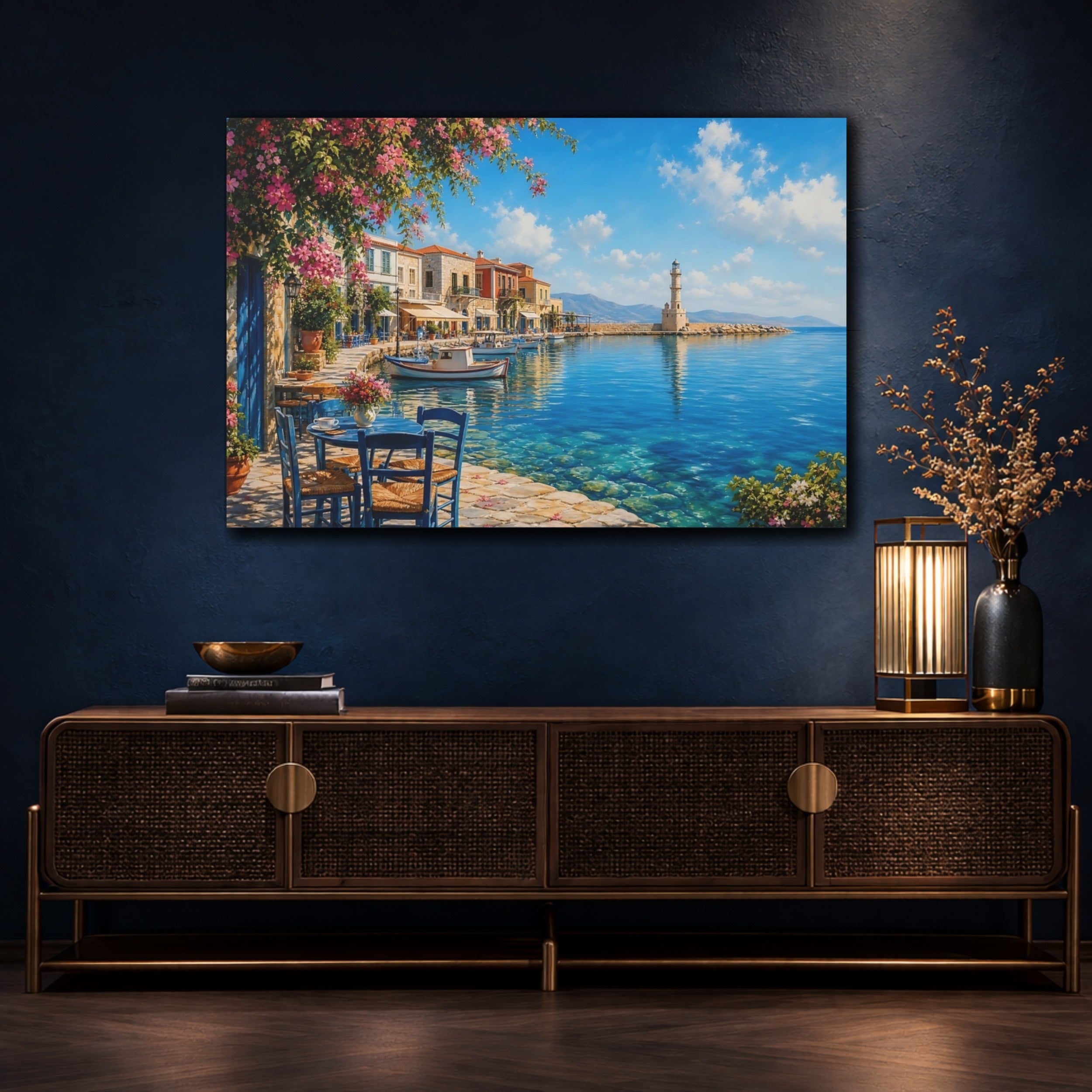 Mockup 4. Nature Harbor Town Mediterranean Village shown as stretched canvas wall art
