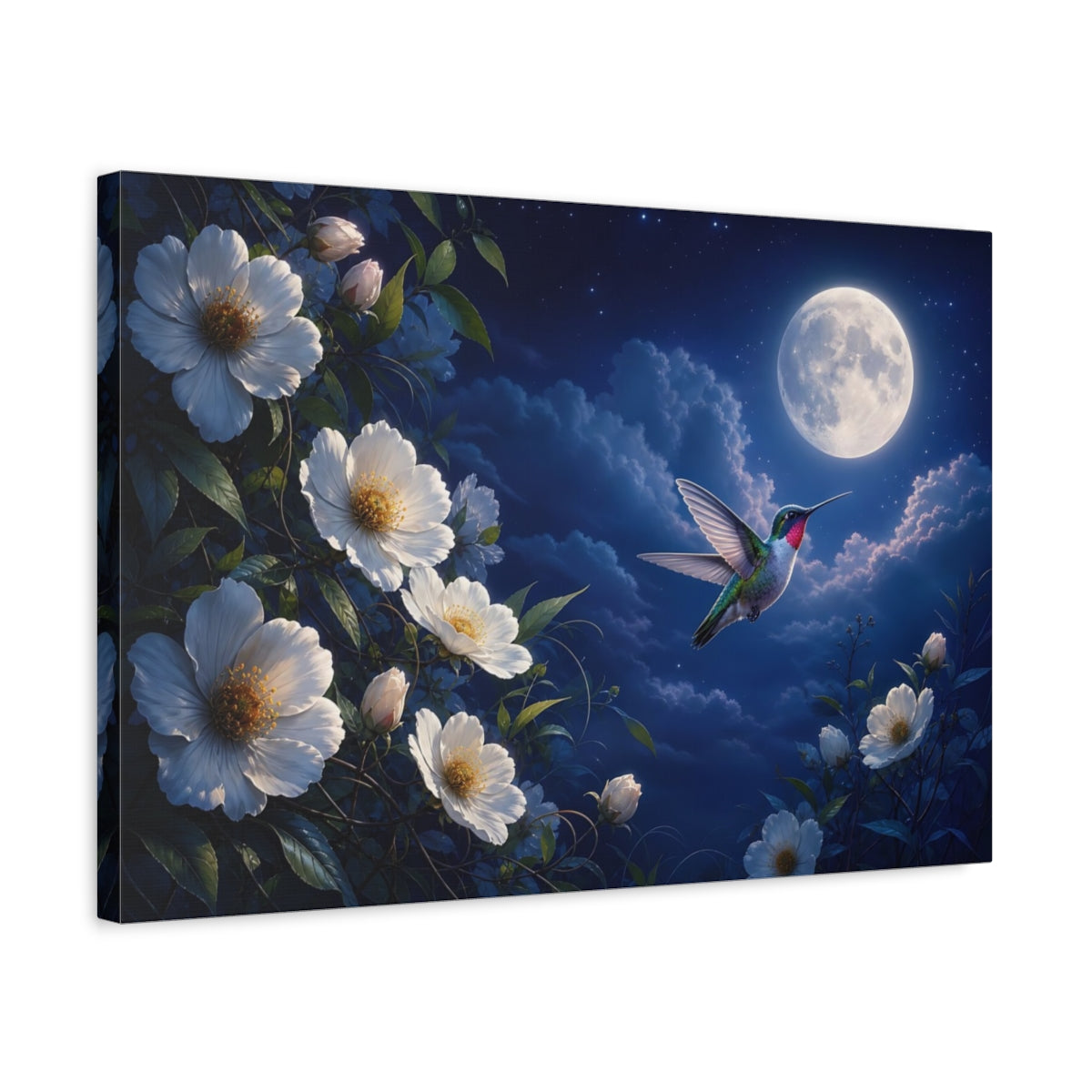 Side Mockup 3. Nature Hummingbird Blue Night Sky shown as stretched canvas wall art