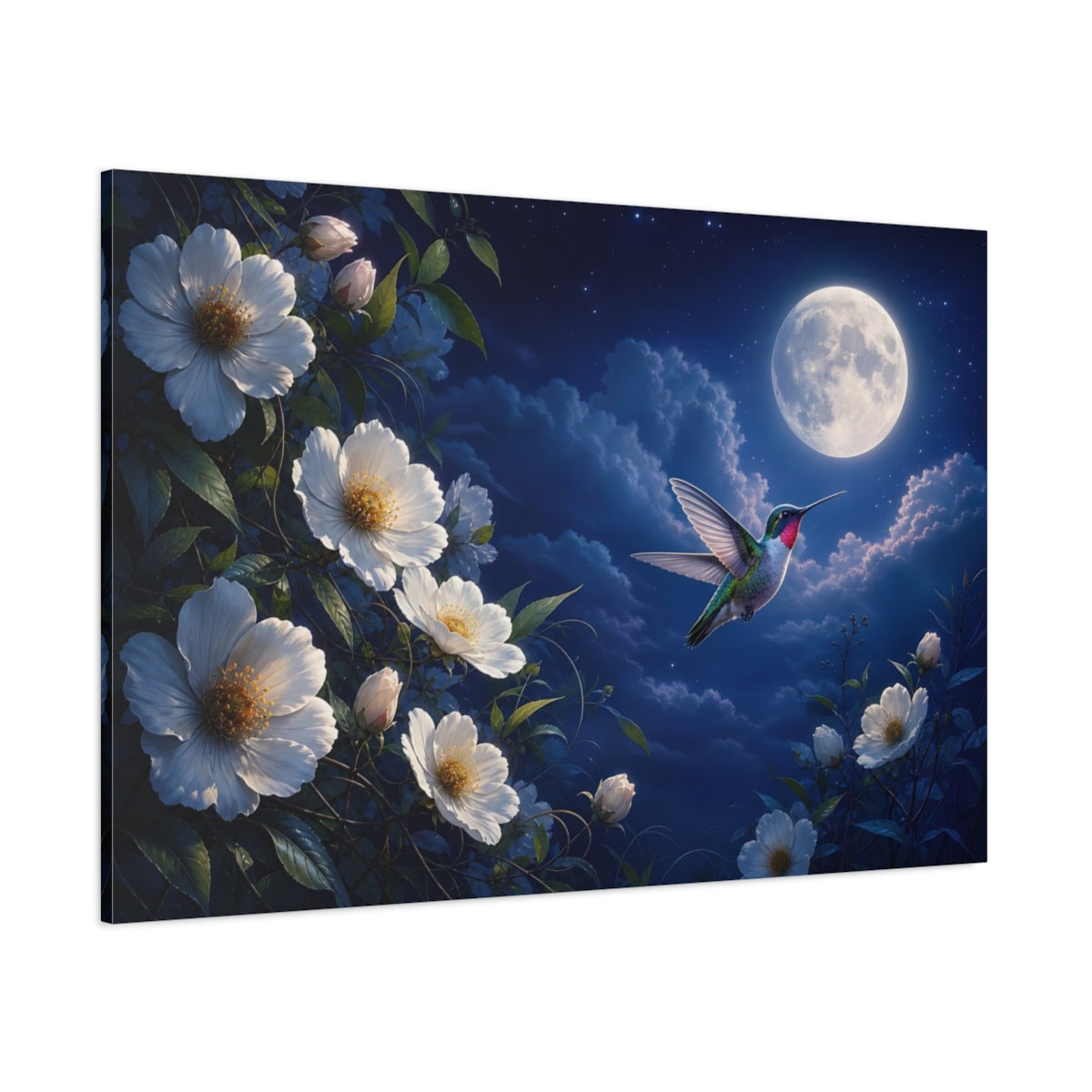 Side Mockup 1. Nature Hummingbird Blue Night Sky shown as stretched canvas wall art