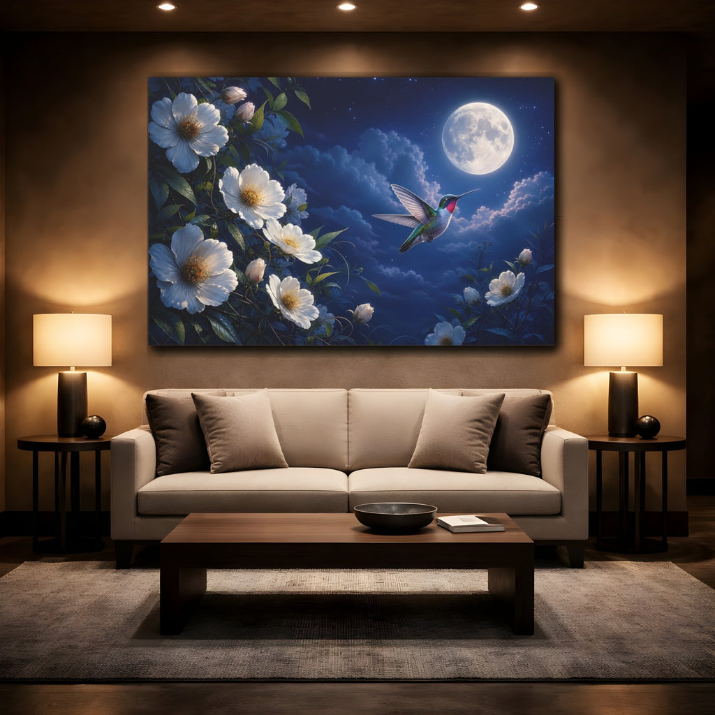 Mockup 2. Nature Hummingbird Blue Night Sky shown as stretched canvas wall art