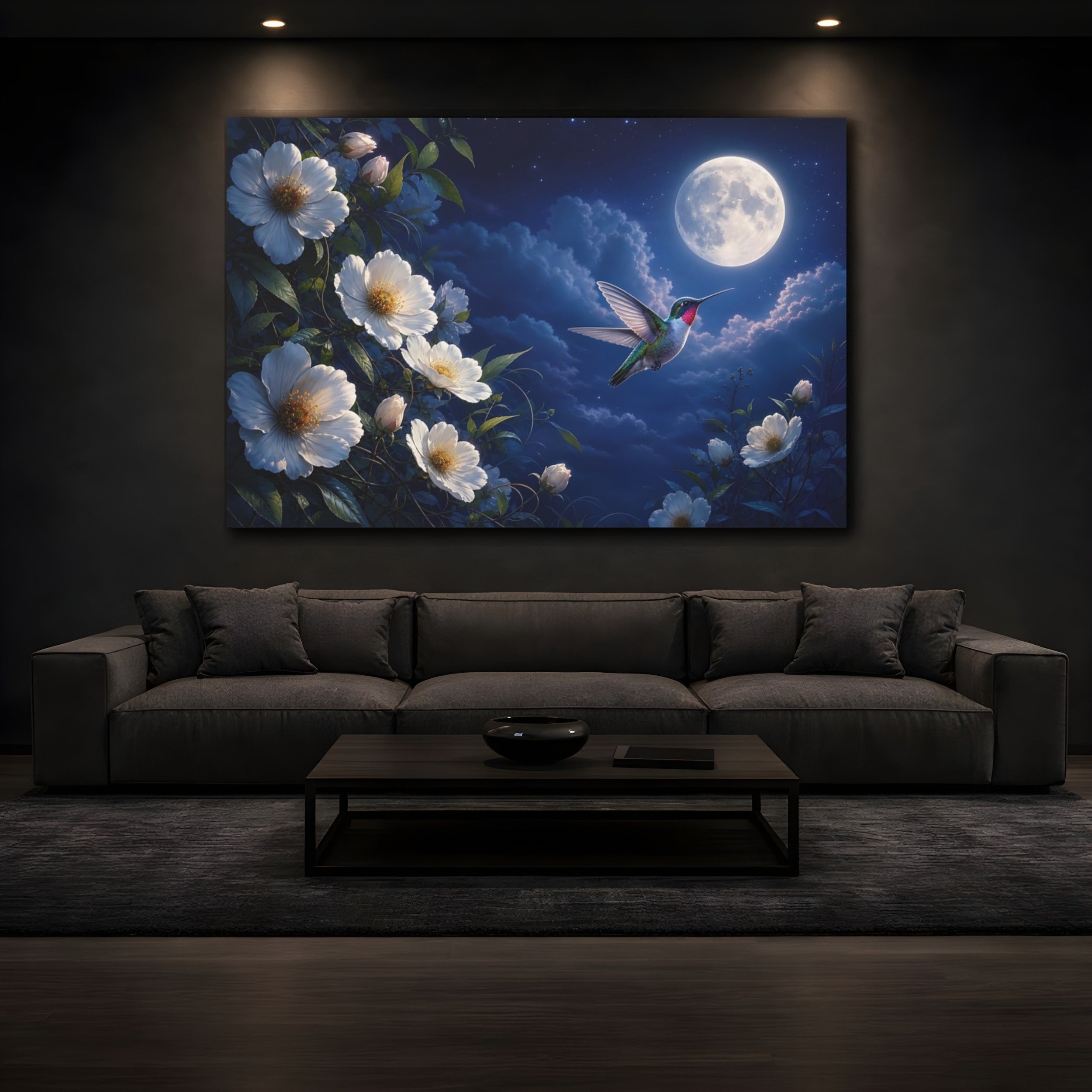 Mockup 3. Nature Hummingbird Blue Night Sky shown as stretched canvas wall art