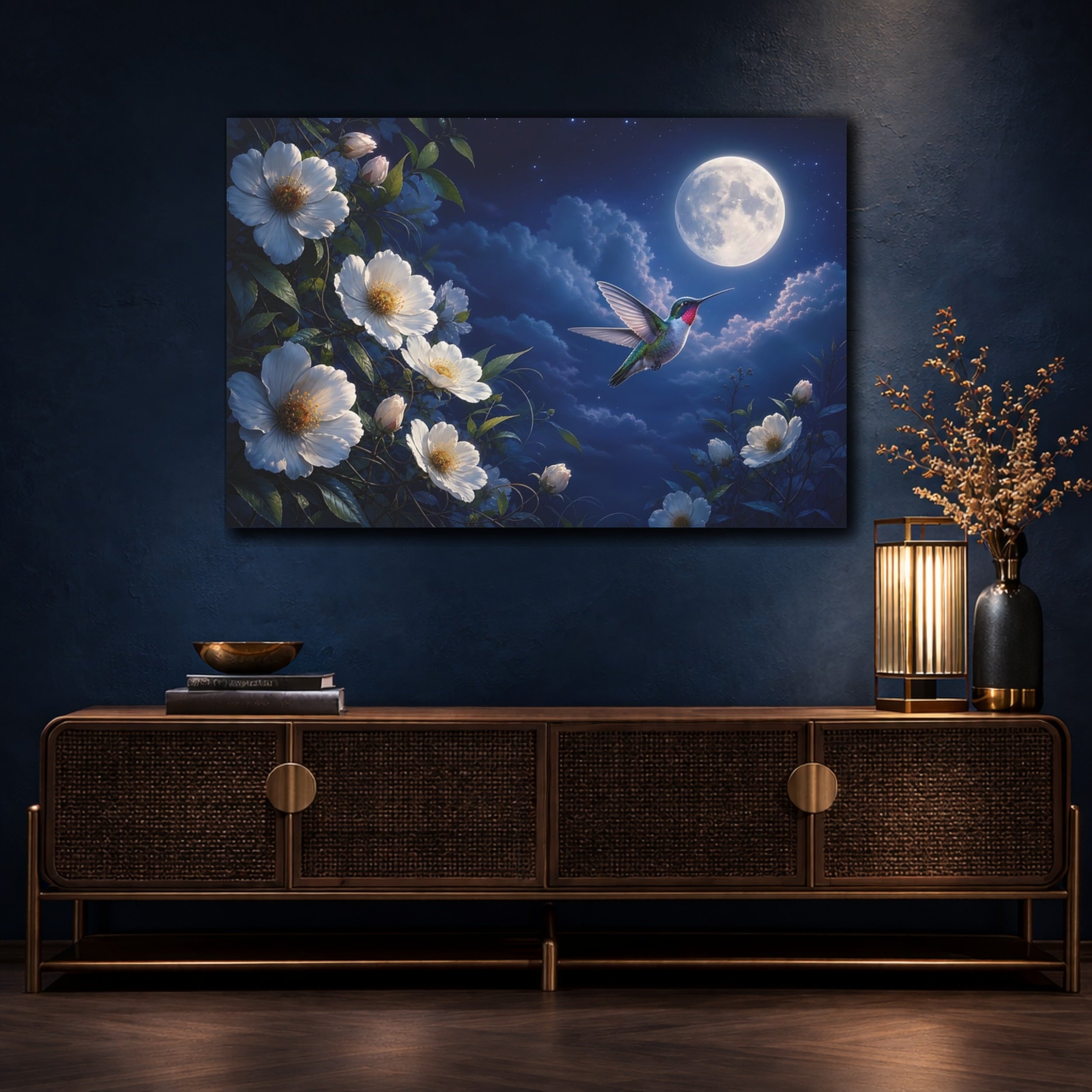 Mockup 4. Nature Hummingbird Blue Night Sky shown as stretched canvas wall art