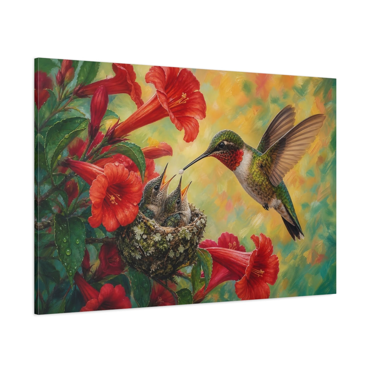 Side Mockup 1. Nature Hummingbird Family Red Floral Hummingbird shown as canvas print