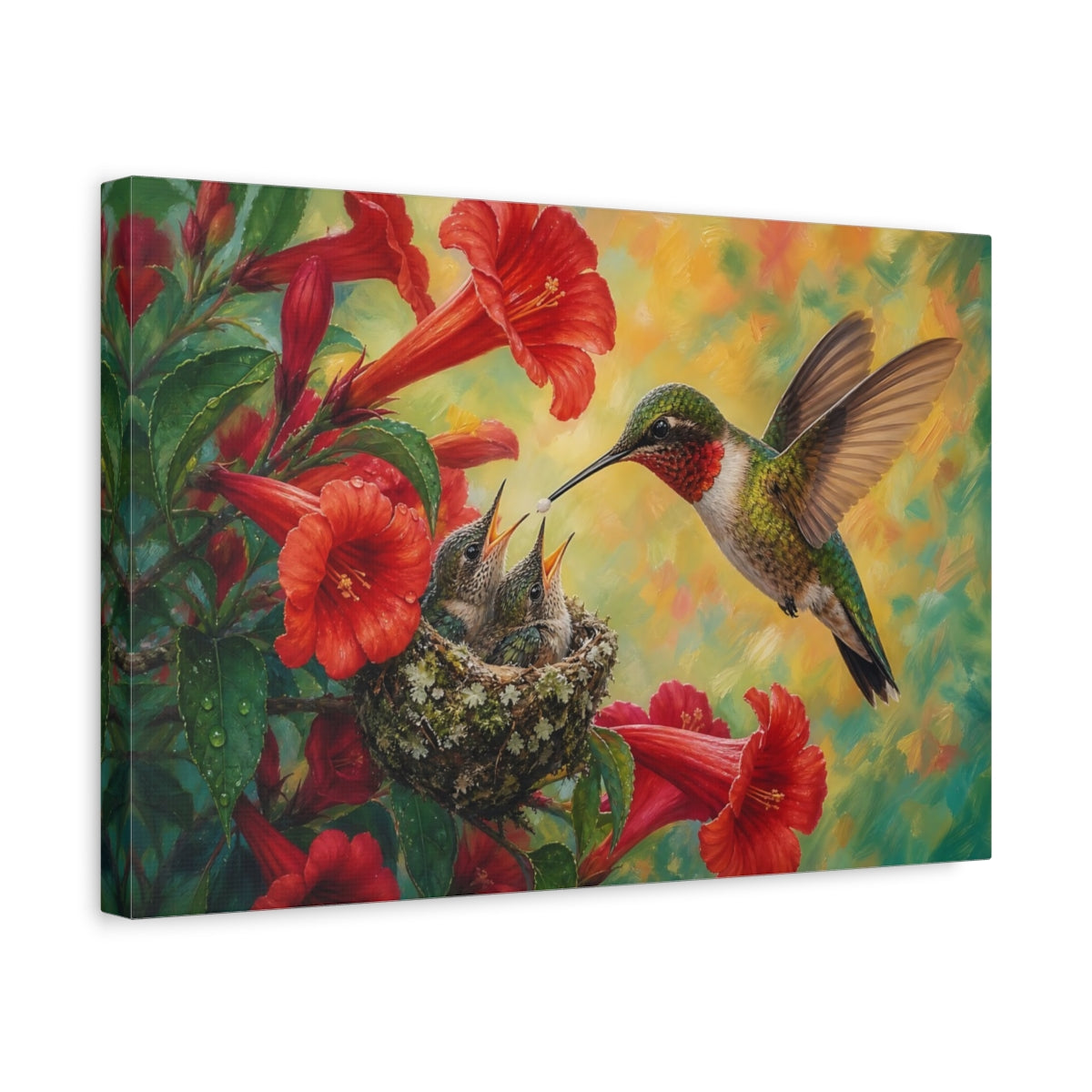 Side Mockup 4. Nature Hummingbird Family Red Floral Hummingbird shown as canvas print